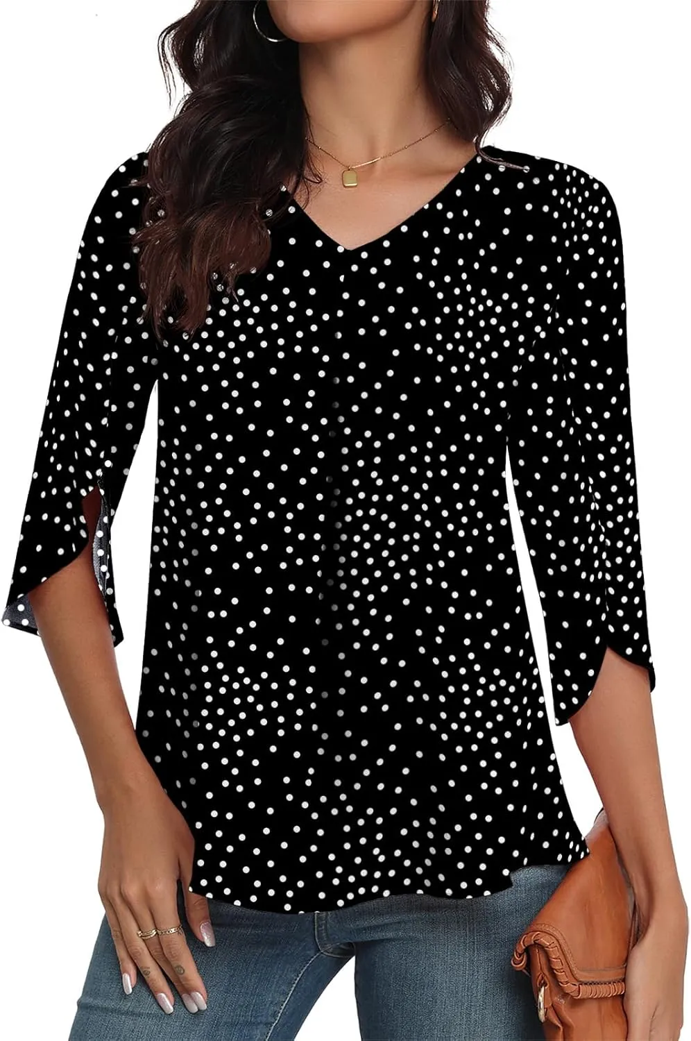 LAOLASI Womens Summer Chiffon Blouses 3/4 Sleeve V Neck Casual Loose Work Tops for Leggings 2025 Flowy Dressy Tshirts