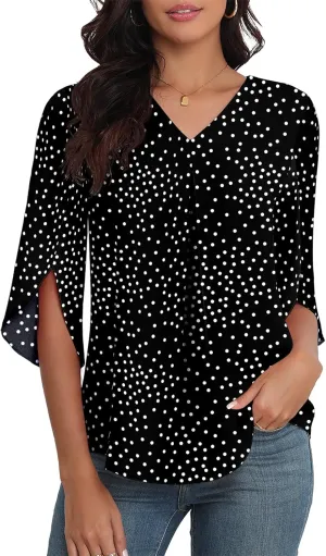 LAOLASI Womens Summer Chiffon Blouses 3/4 Sleeve V Neck Casual Loose Work Tops for Leggings 2025 Flowy Dressy Tshirts