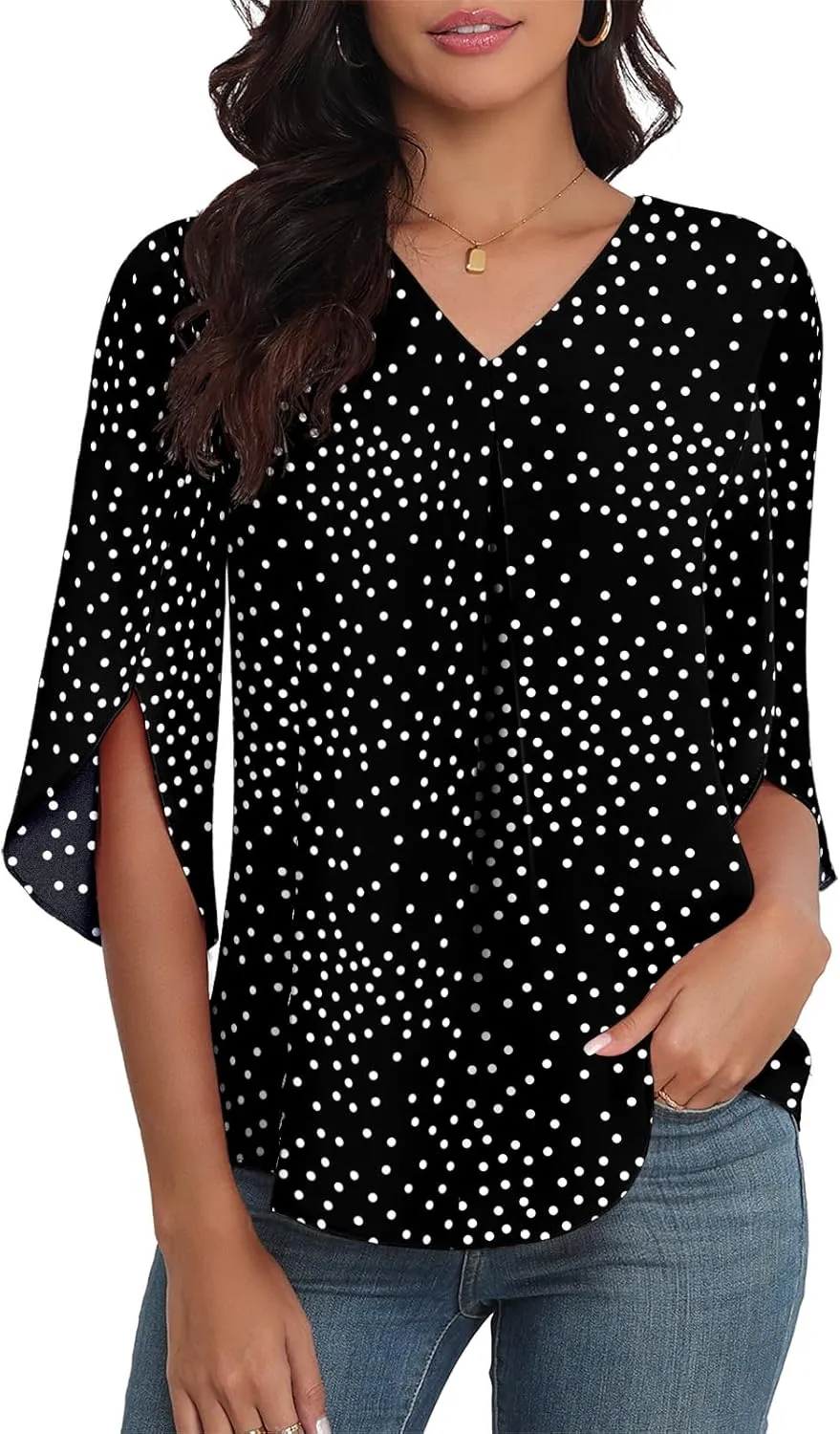 LAOLASI Womens Summer Chiffon Blouses 3/4 Sleeve V Neck Casual Loose Work Tops for Leggings 2025 Flowy Dressy Tshirts