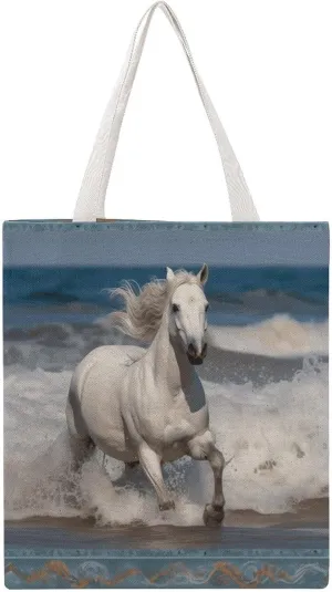 Large Grocery Bags Beach Tote White Horse Running on The Sea Shopping Bag for Women Shoulder Bag for Travel Work Handbag