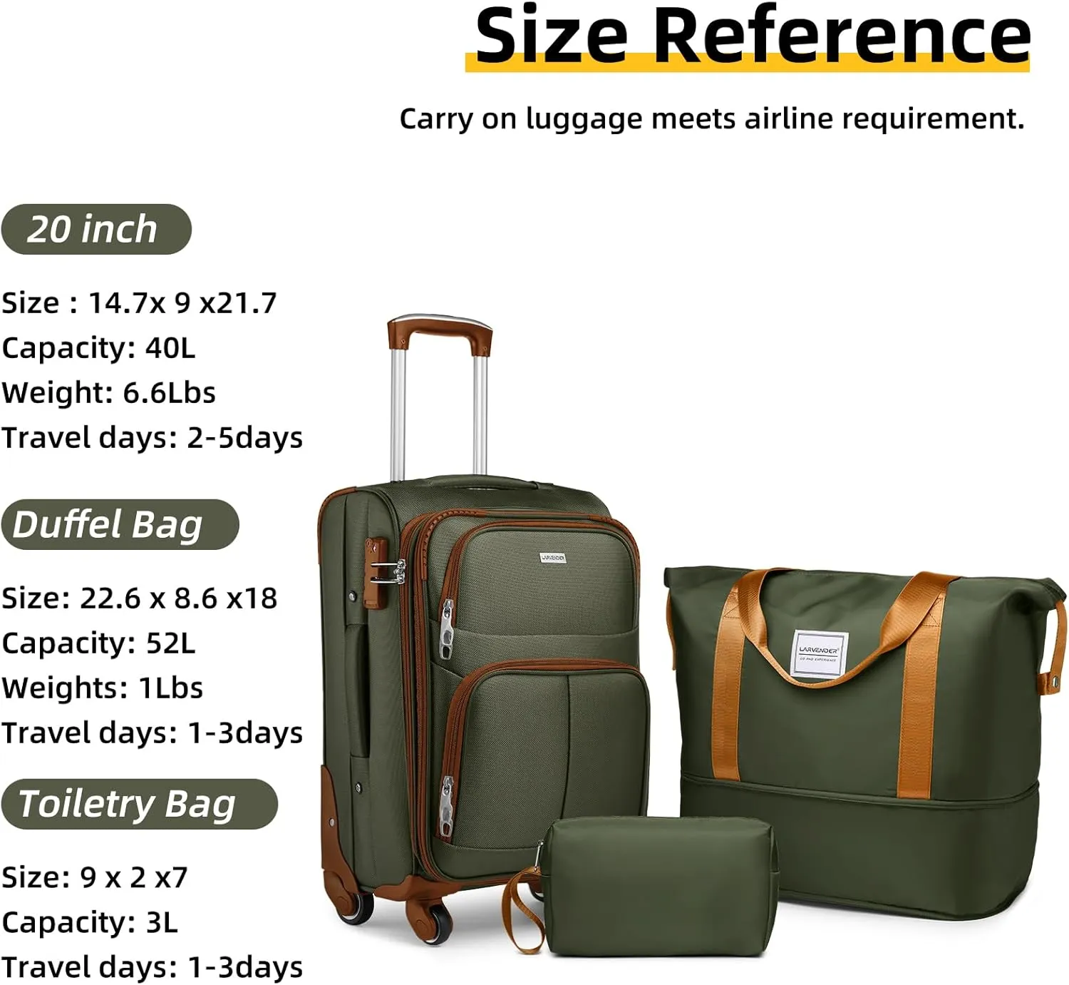 LARVENDER Softside Luggage Sets 3 Piece, Expandable Carry on Luggage 22x14x9 Airline Approved with TSA Lock Spinner Wheels, Lightweight Rolling Suitcase for Men and Women, Green/Brown