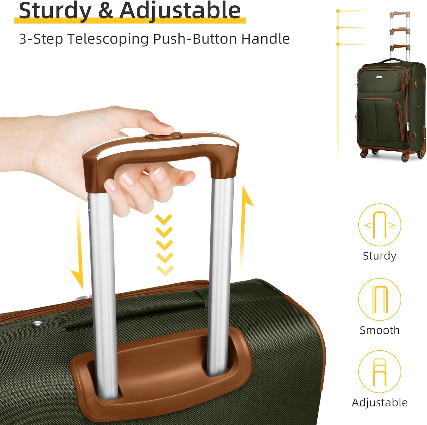 LARVENDER Softside Luggage Sets 3 Piece, Expandable Carry on Luggage 22x14x9 Airline Approved with TSA Lock Spinner Wheels, Lightweight Rolling Suitcase for Men and Women, Green/Brown
