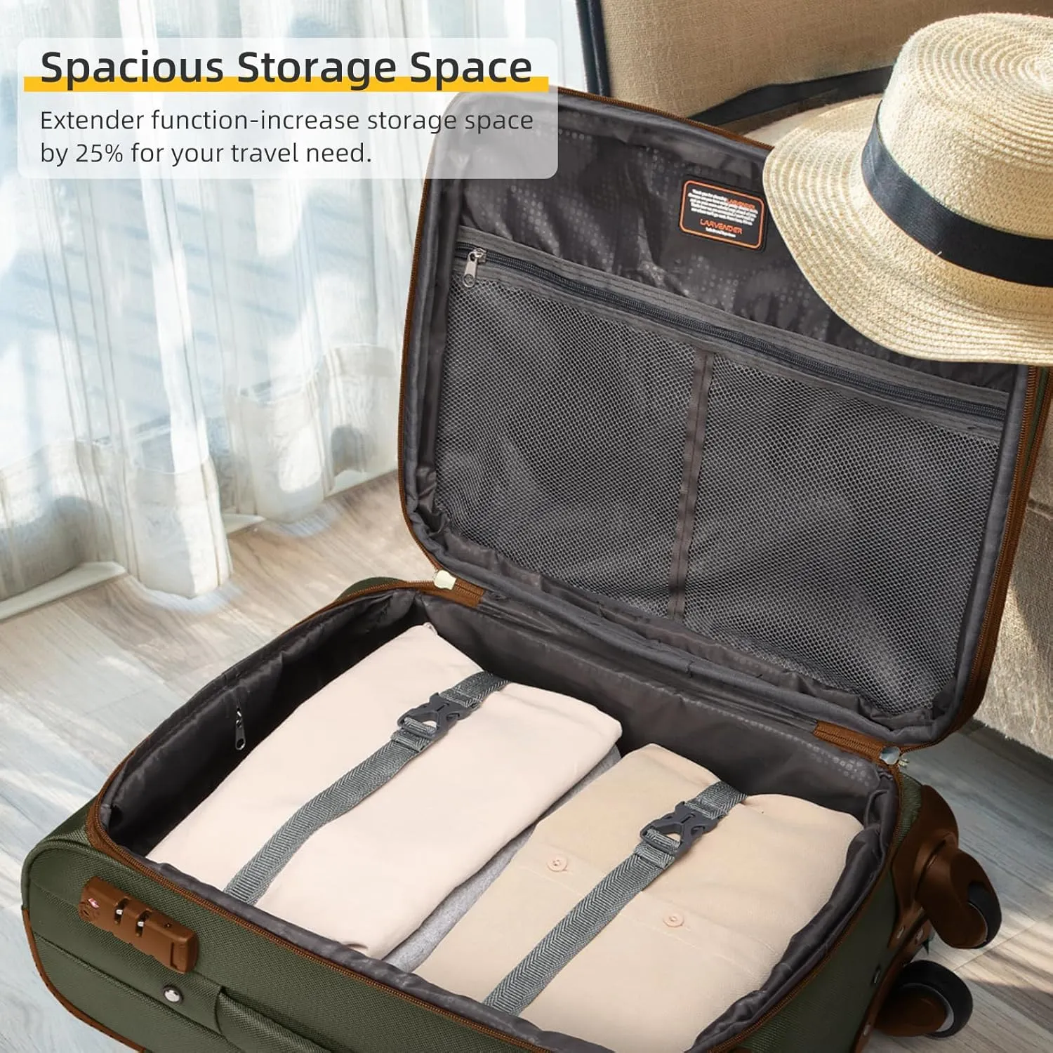 LARVENDER Softside Luggage Sets 3 Piece, Expandable Carry on Luggage 22x14x9 Airline Approved with TSA Lock Spinner Wheels, Lightweight Rolling Suitcase for Men and Women, Green/Brown