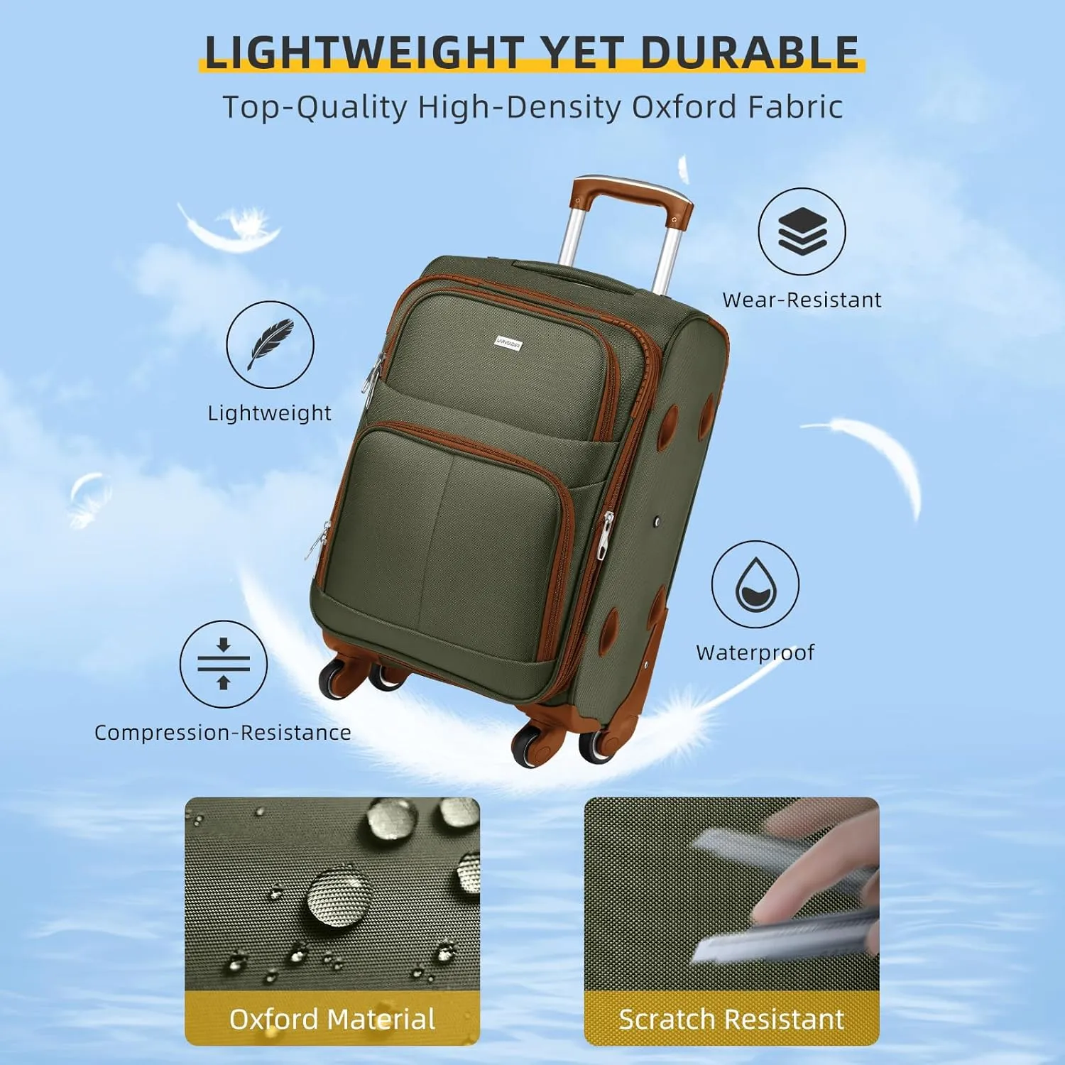 LARVENDER Softside Luggage Sets 3 Piece, Expandable Carry on Luggage 22x14x9 Airline Approved with TSA Lock Spinner Wheels, Lightweight Rolling Suitcase for Men and Women, Green/Brown