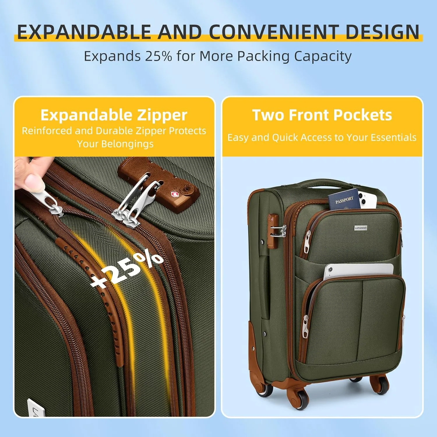 LARVENDER Softside Luggage Sets 3 Piece, Expandable Carry on Luggage 22x14x9 Airline Approved with TSA Lock Spinner Wheels, Lightweight Rolling Suitcase for Men and Women, Green/Brown