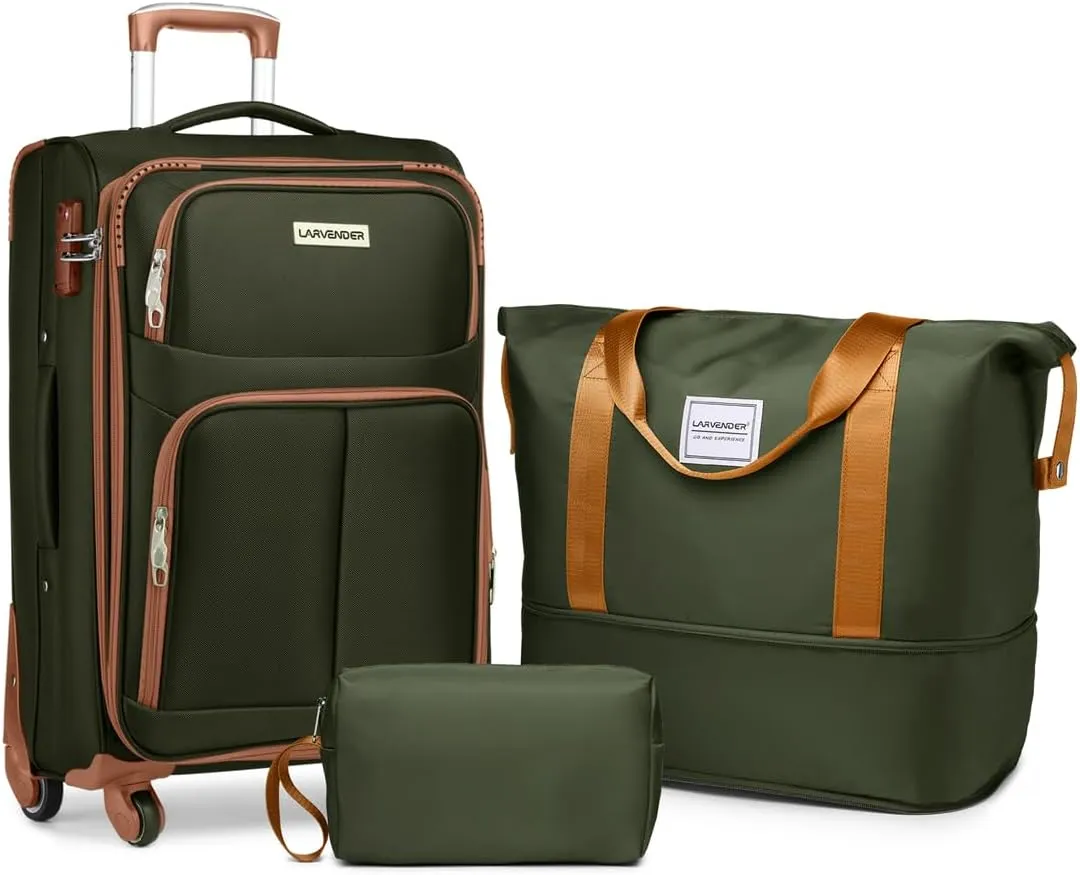 LARVENDER Softside Luggage Sets 3 Piece, Expandable Carry on Luggage 22x14x9 Airline Approved with TSA Lock Spinner Wheels, Lightweight Rolling Suitcase for Men and Women, Green/Brown