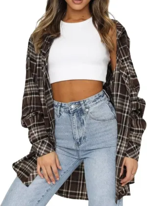 LEEDYA Womens Flannel Buffalo Print Shirts Casual Long Sleeve Button Down Blouses Loose Tunic Tops