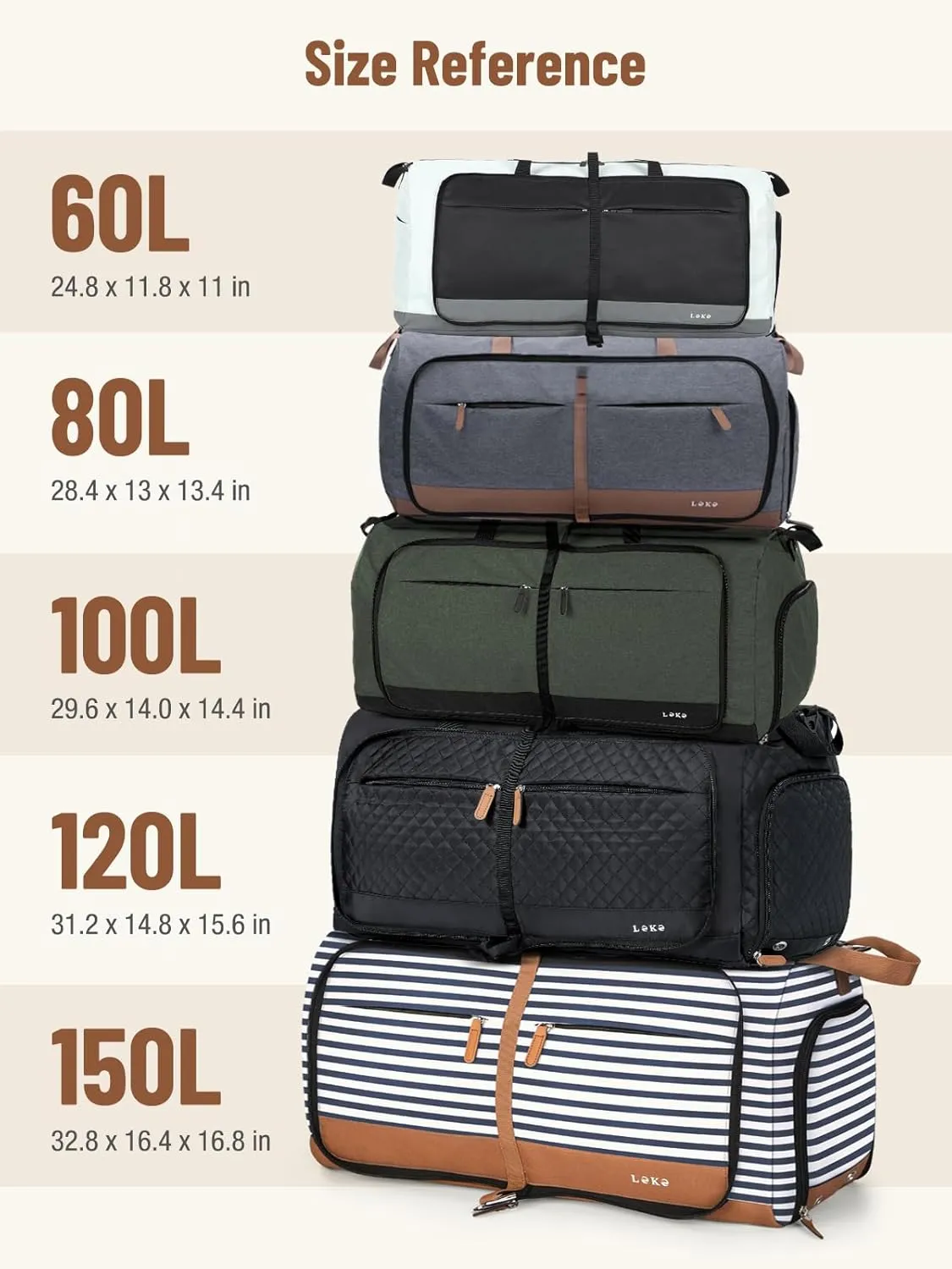 Lekesky Foldable Travel Duffle Bag for Women, Large Duffel Bag with Separate Shoes Compartments & Straps, Carry On Weekend Bag for Women, Hospital, Overnight (Grey & Brown, 60L)