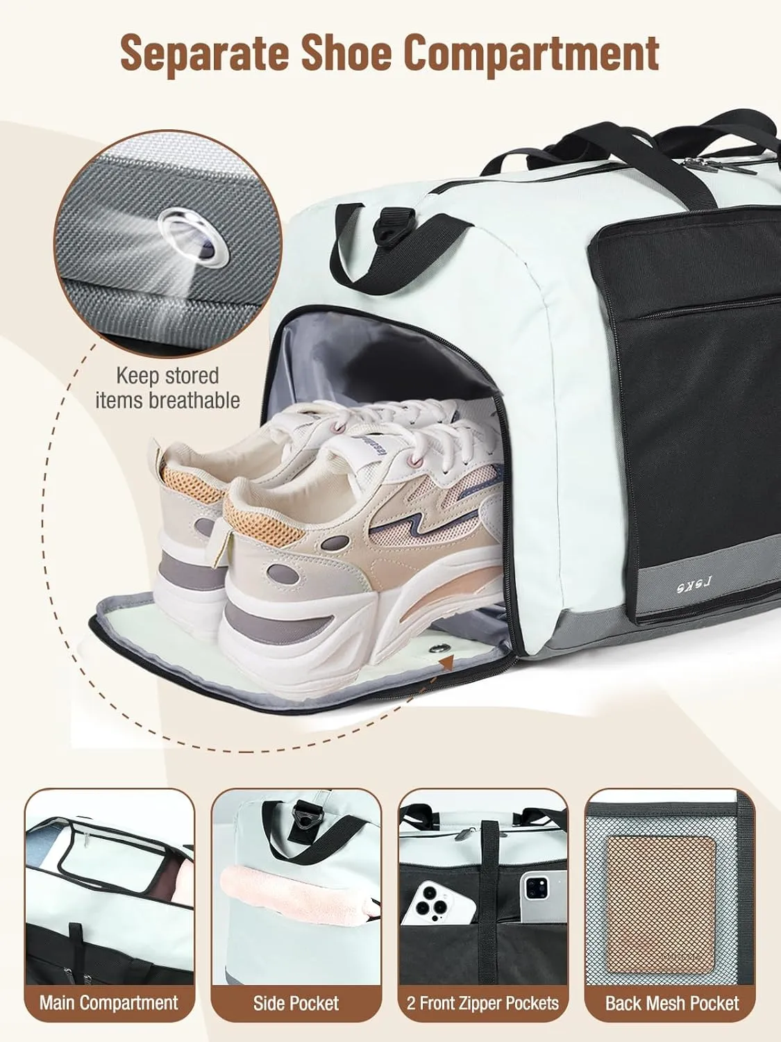 Lekesky Foldable Travel Duffle Bag for Women, Large Duffel Bag with Separate Shoes Compartments & Straps, Carry On Weekend Bag for Women, Hospital, Overnight (Grey & Brown, 60L)