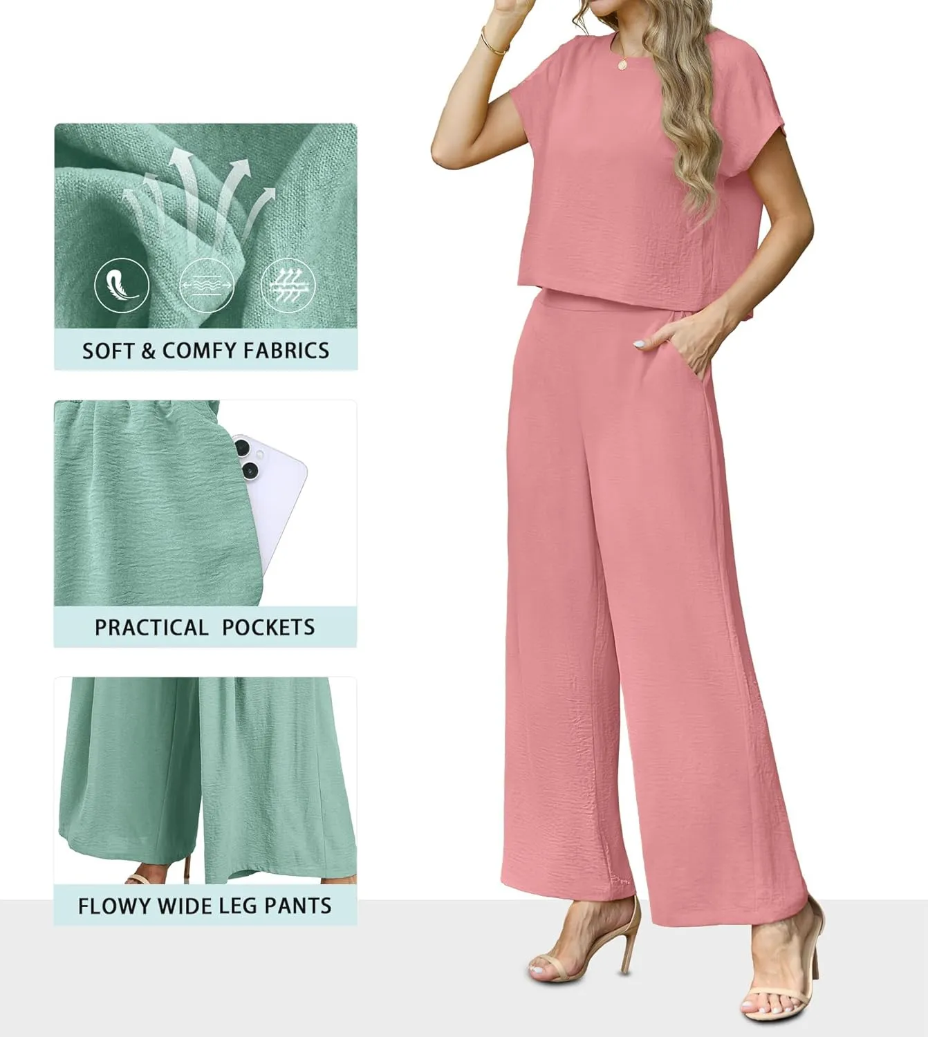 Lepunuo 2 Piece Sets for Women Summer Cap Sleeve Crop Top Wide Leg Pants Matching Lounge Set Vacation Beach Travel Outfits