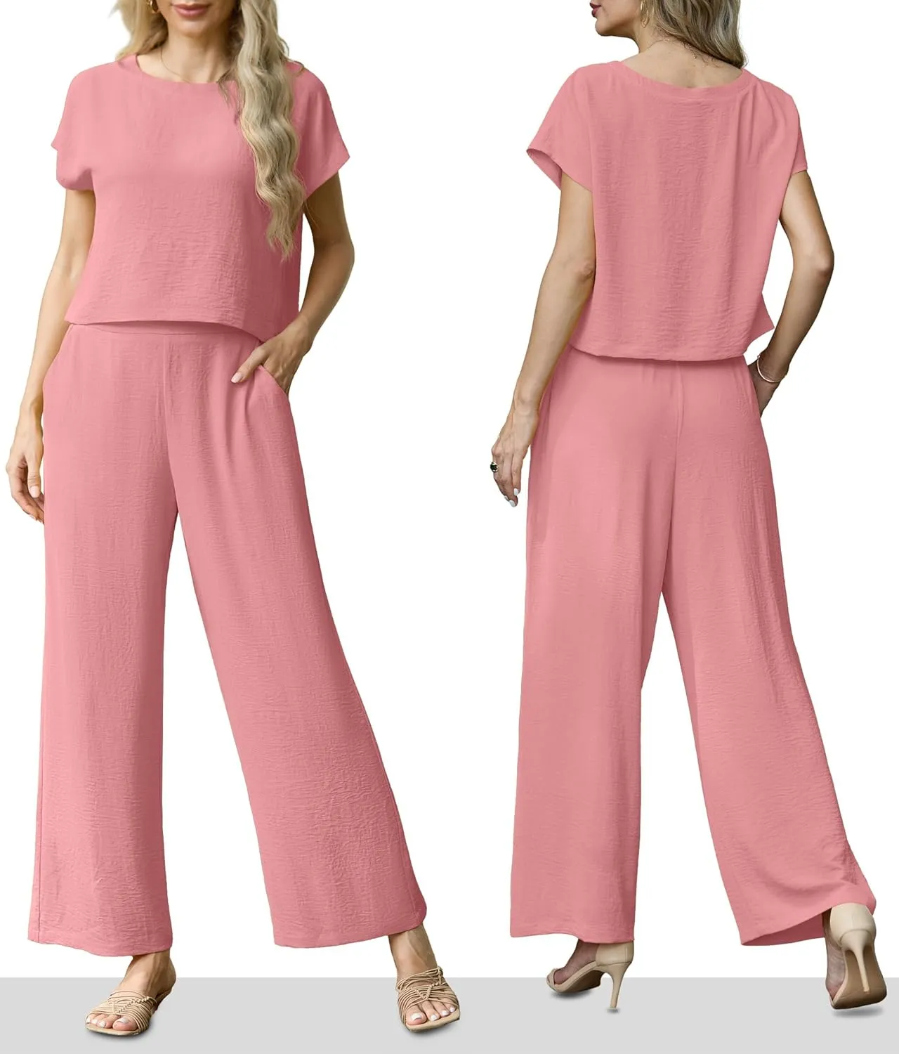 Lepunuo 2 Piece Sets for Women Summer Cap Sleeve Crop Top Wide Leg Pants Matching Lounge Set Vacation Beach Travel Outfits