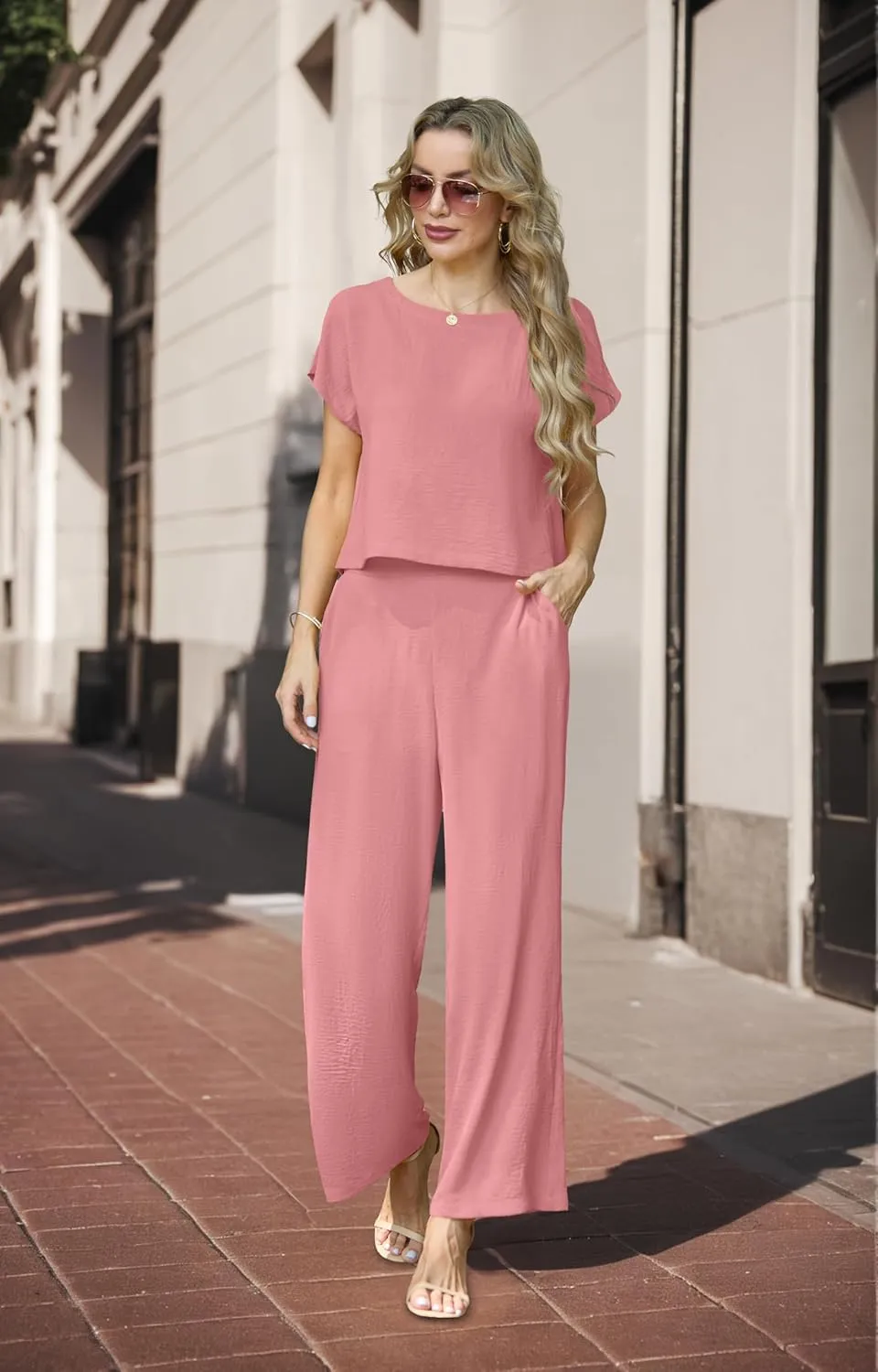 Lepunuo 2 Piece Sets for Women Summer Cap Sleeve Crop Top Wide Leg Pants Matching Lounge Set Vacation Beach Travel Outfits