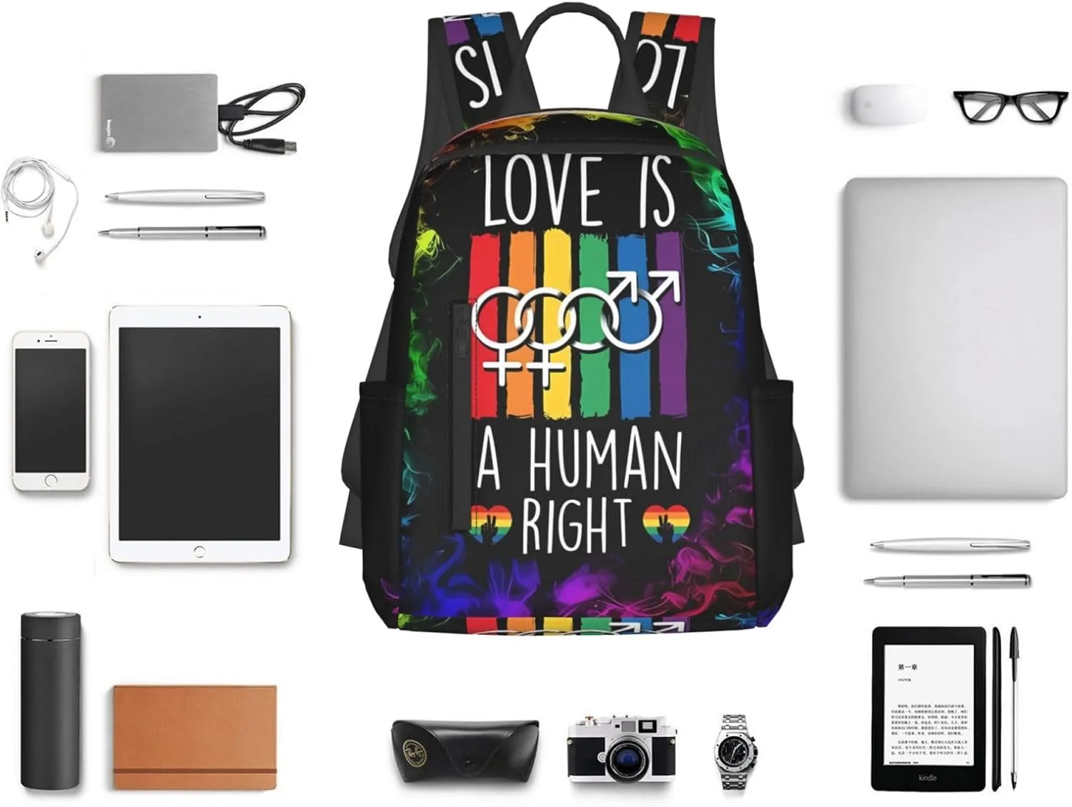 LGBT Rainbow Gay Pride Flag Love Is a Human Right Travel Laptop Backpack Casual Backpacks Double Shoulder Daypack Notebook Rucksack Work Bags Sports Bag for Hiking Camping Beach