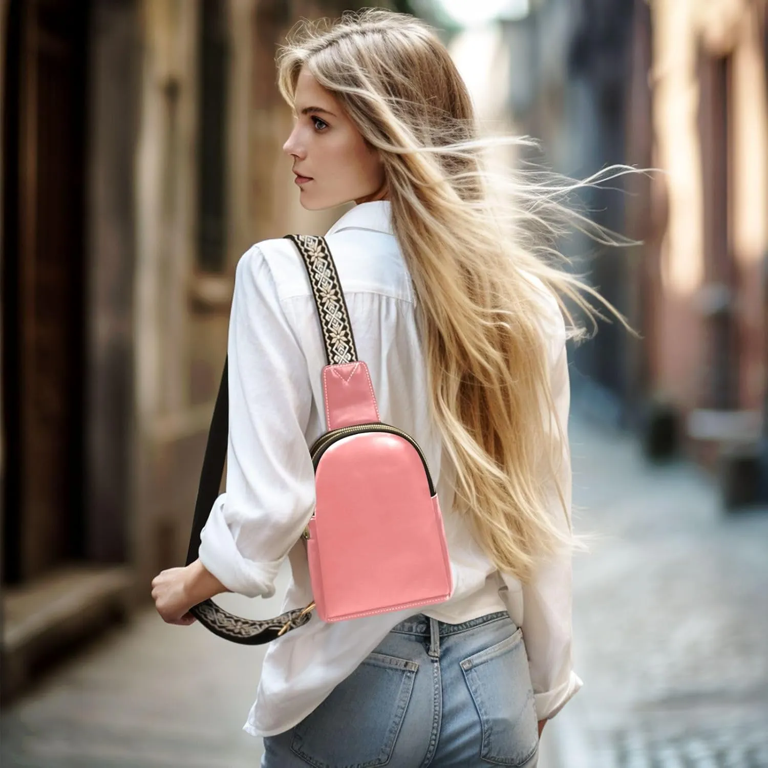 Light Coral Sling Bag for Women Men Fanny Packs Small Crossbody Bags for Women Leather Belt Bag Fashion Waist Packs Waterproof Chest Bag for Travel Running Sports Hiking