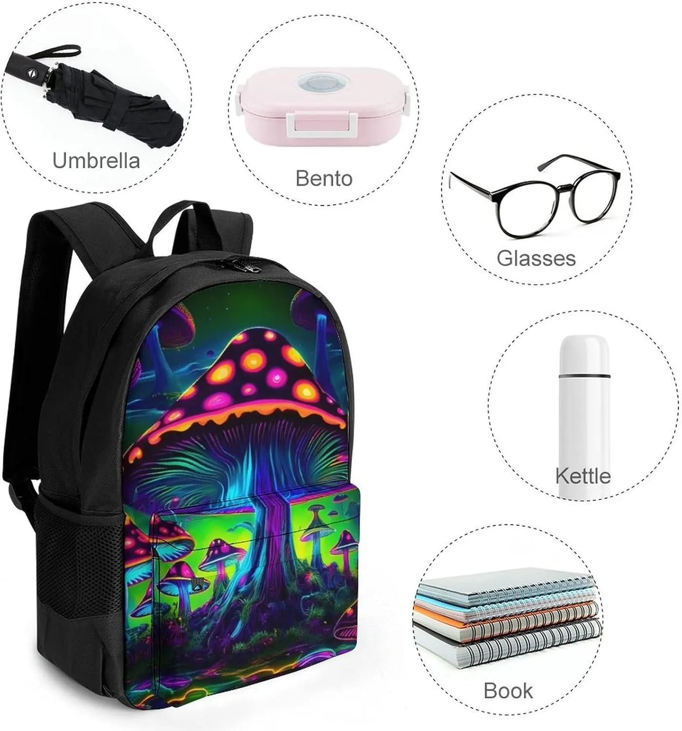 Lightweight Daypack Backpack for Trekking Work Running - Big Capacity Multipurpose Anti-Theft Bookbag, Trippy Mushroom Psychedelic Magical World Art Business Computer Bag