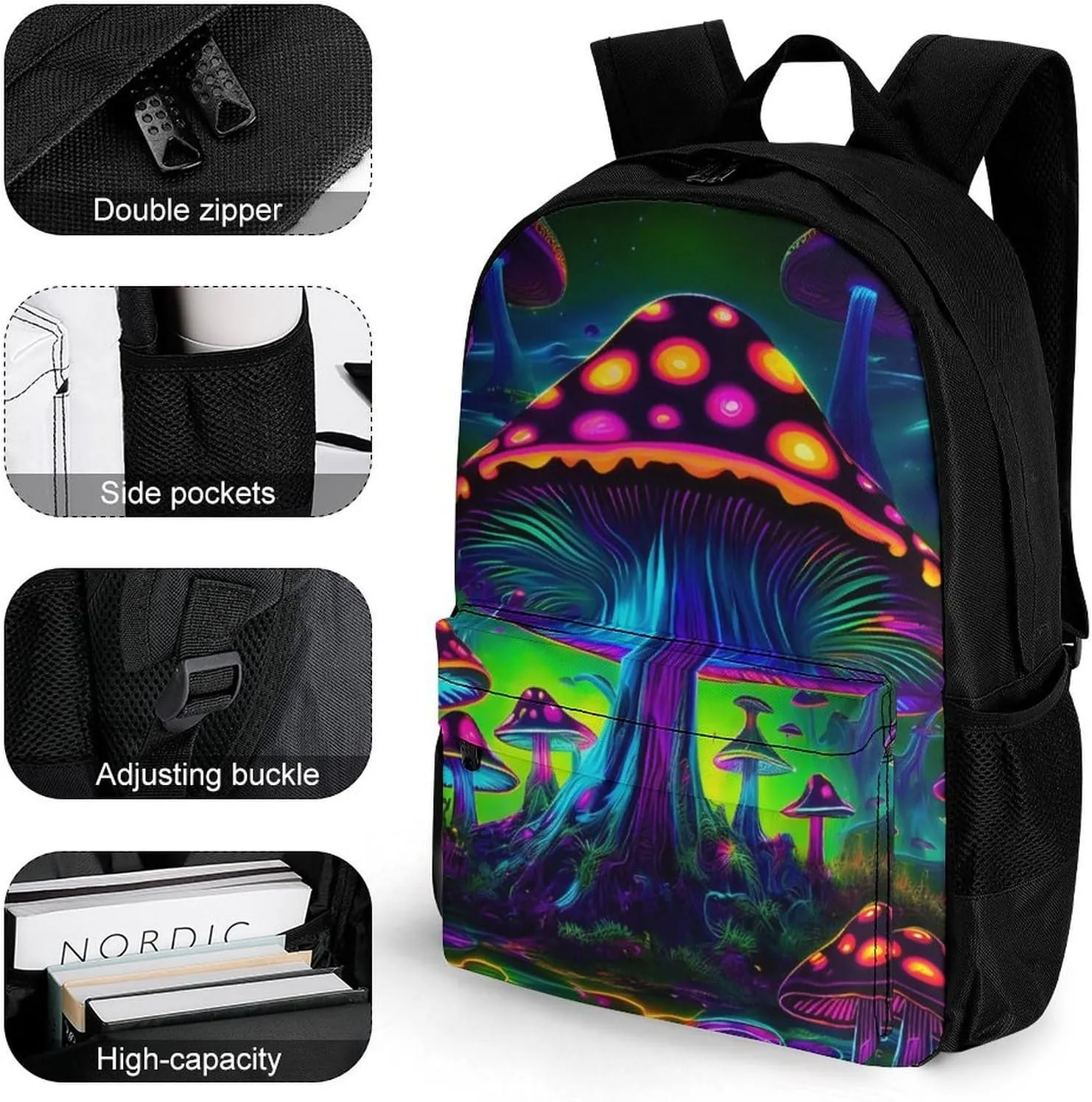 Lightweight Daypack Backpack for Trekking Work Running - Big Capacity Multipurpose Anti-Theft Bookbag, Trippy Mushroom Psychedelic Magical World Art Business Computer Bag