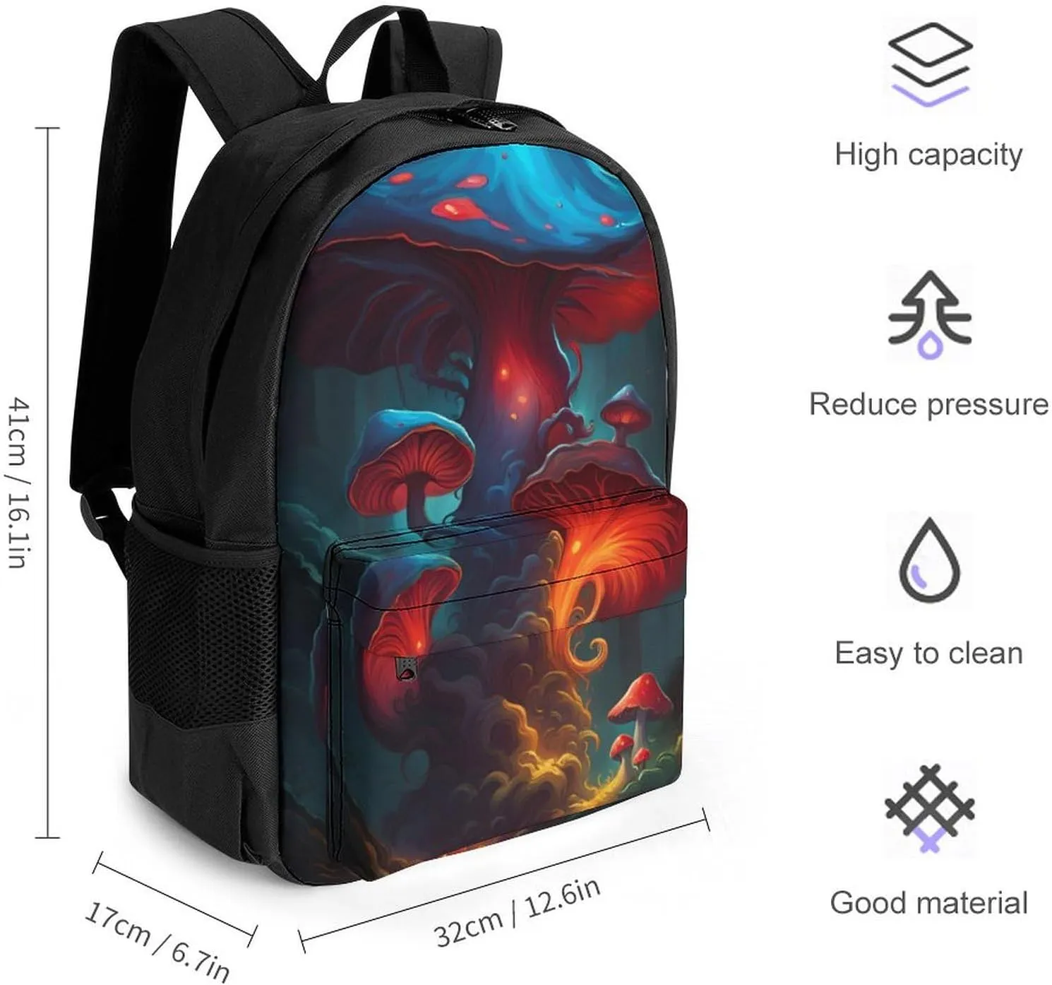 Lightweight Daypack for Camping Business Walking Cycling - Large Capacity Anti-Theft Multipurpose Bookbag, Blue Red Mushroom Glow In The Dark Art Gym Outdoor Hiking Backpack