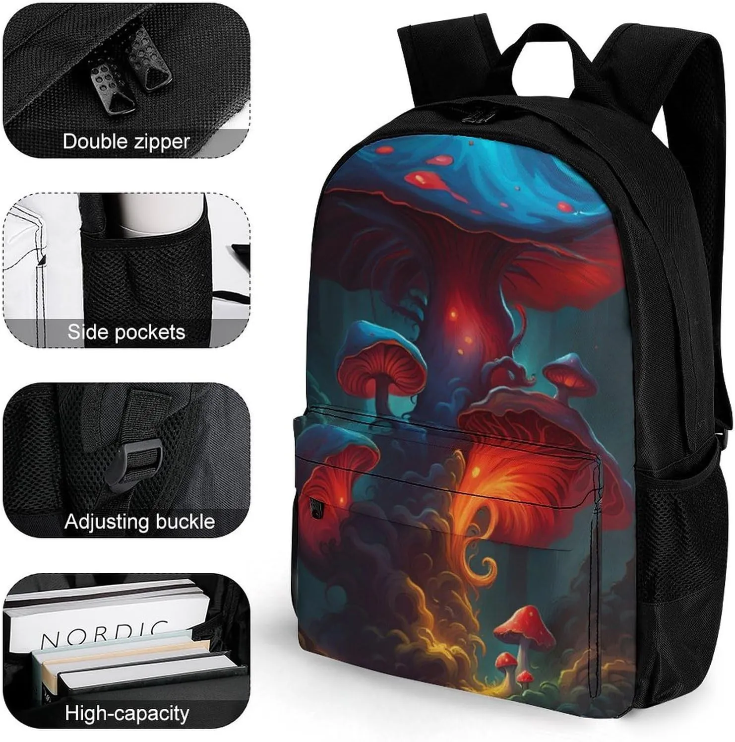 Lightweight Daypack for Camping Business Walking Cycling - Large Capacity Anti-Theft Multipurpose Bookbag, Blue Red Mushroom Glow In The Dark Art Gym Outdoor Hiking Backpack