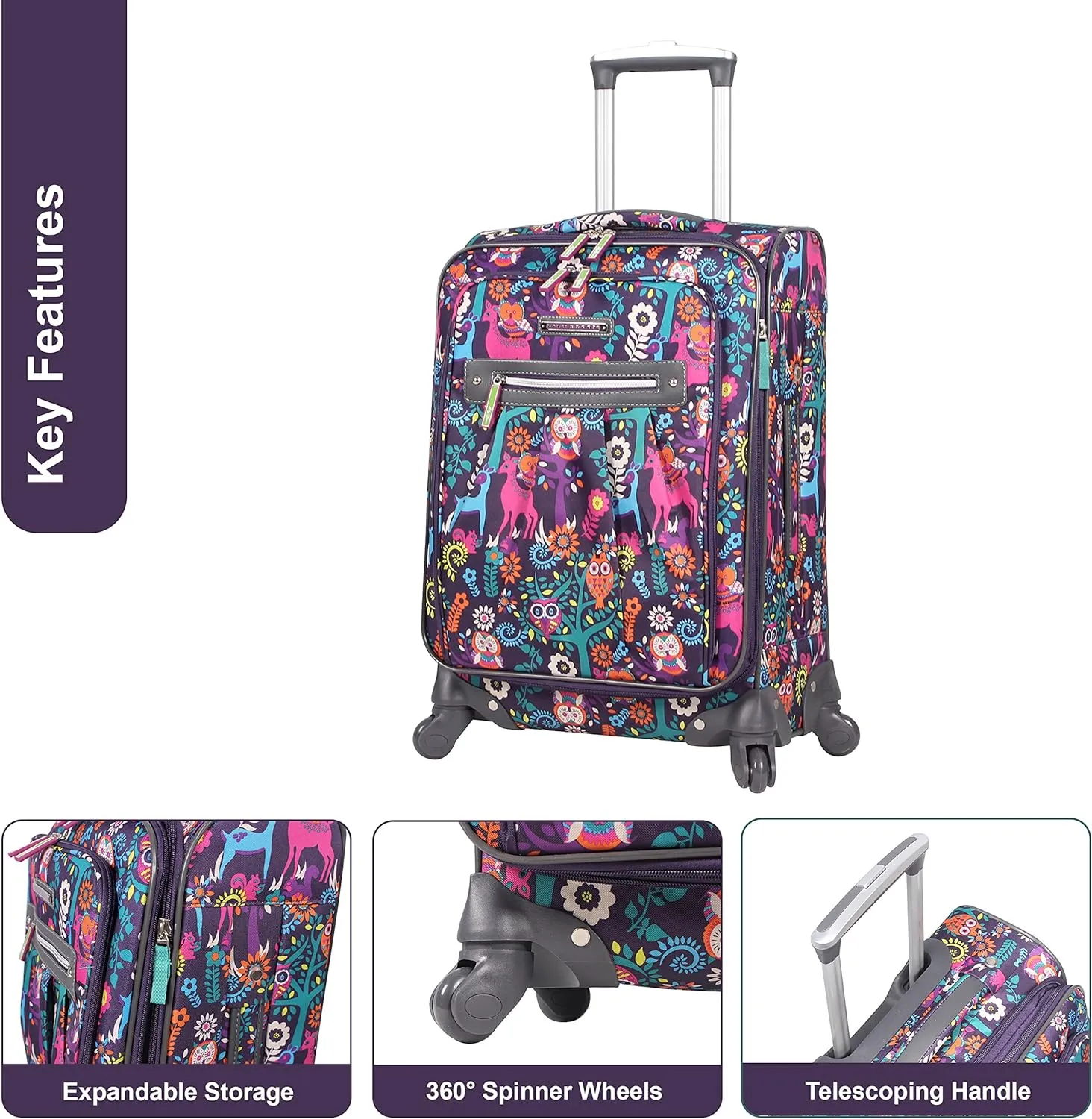 Lily Bloom Carry On Expandable Design Pattern Luggage With Spinner Wheels For Woman (20in, Wildwoods)