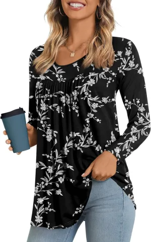 LONGYUAN Women's Long Sleeve Casual Tunics Tops 2025 Winter Loose Shirts Flare Blouse Comfy Elastic Cute