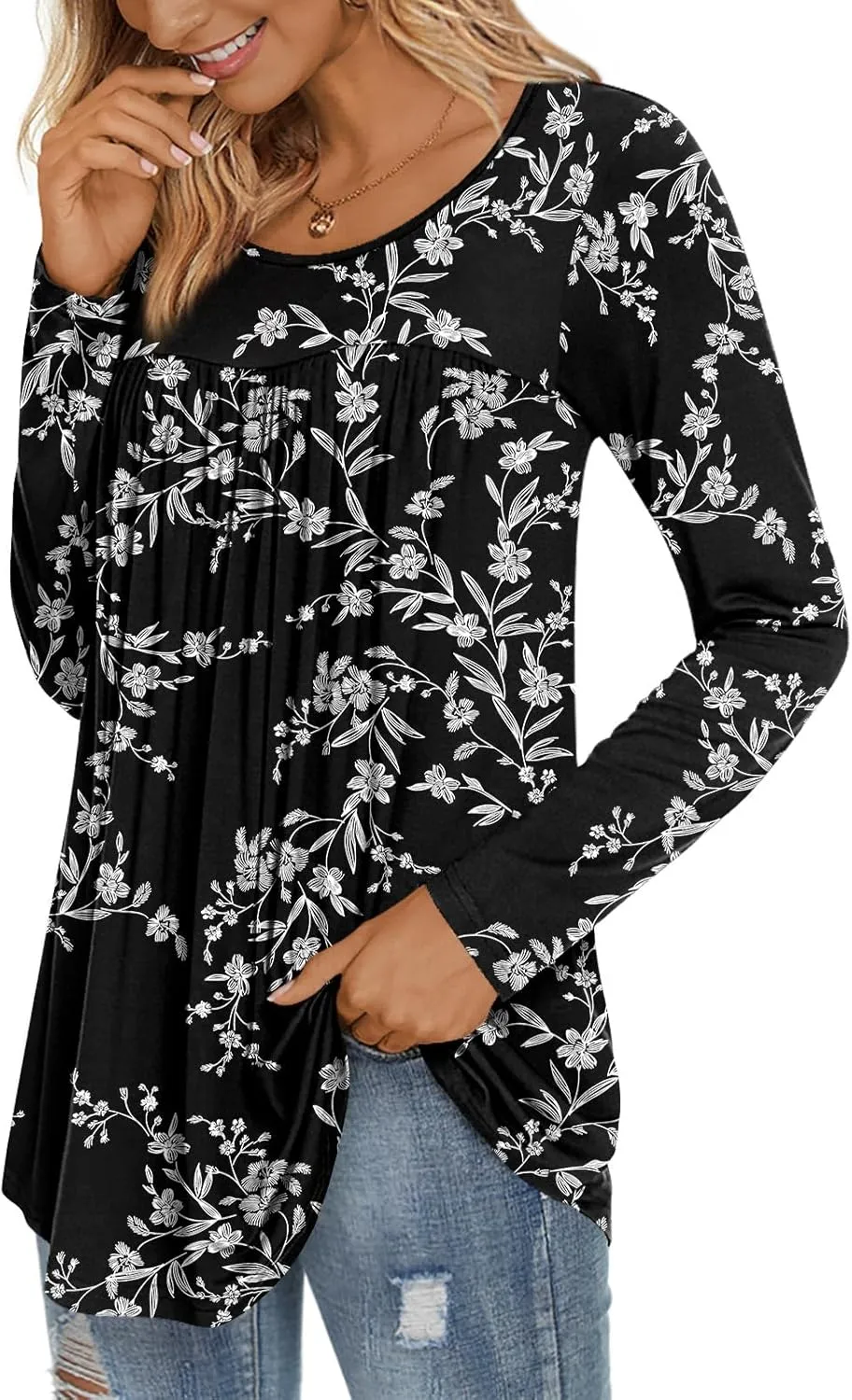 LONGYUAN Women's Long Sleeve Casual Tunics Tops 2025 Winter Loose Shirts Flare Blouse Comfy Elastic Cute