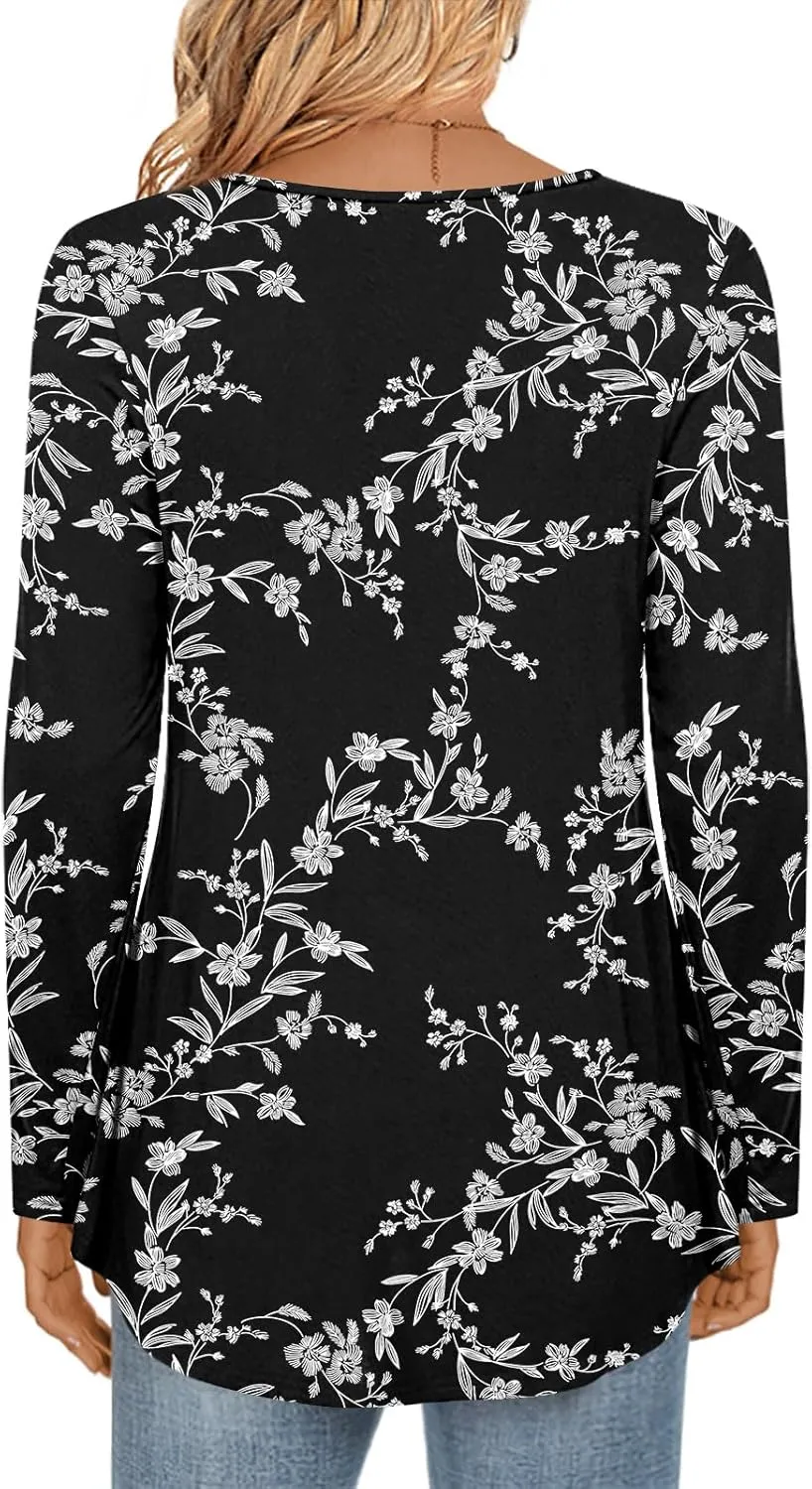 LONGYUAN Women's Long Sleeve Casual Tunics Tops 2025 Winter Loose Shirts Flare Blouse Comfy Elastic Cute