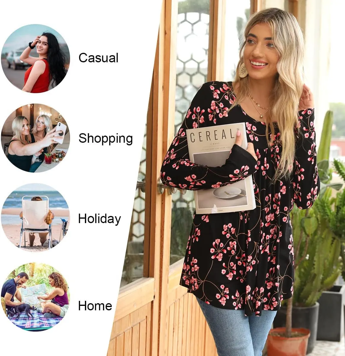 LONGYUAN Women's Long Sleeve Casual Tunics Tops 2025 Winter Loose Shirts Flare Blouse Comfy Elastic Cute