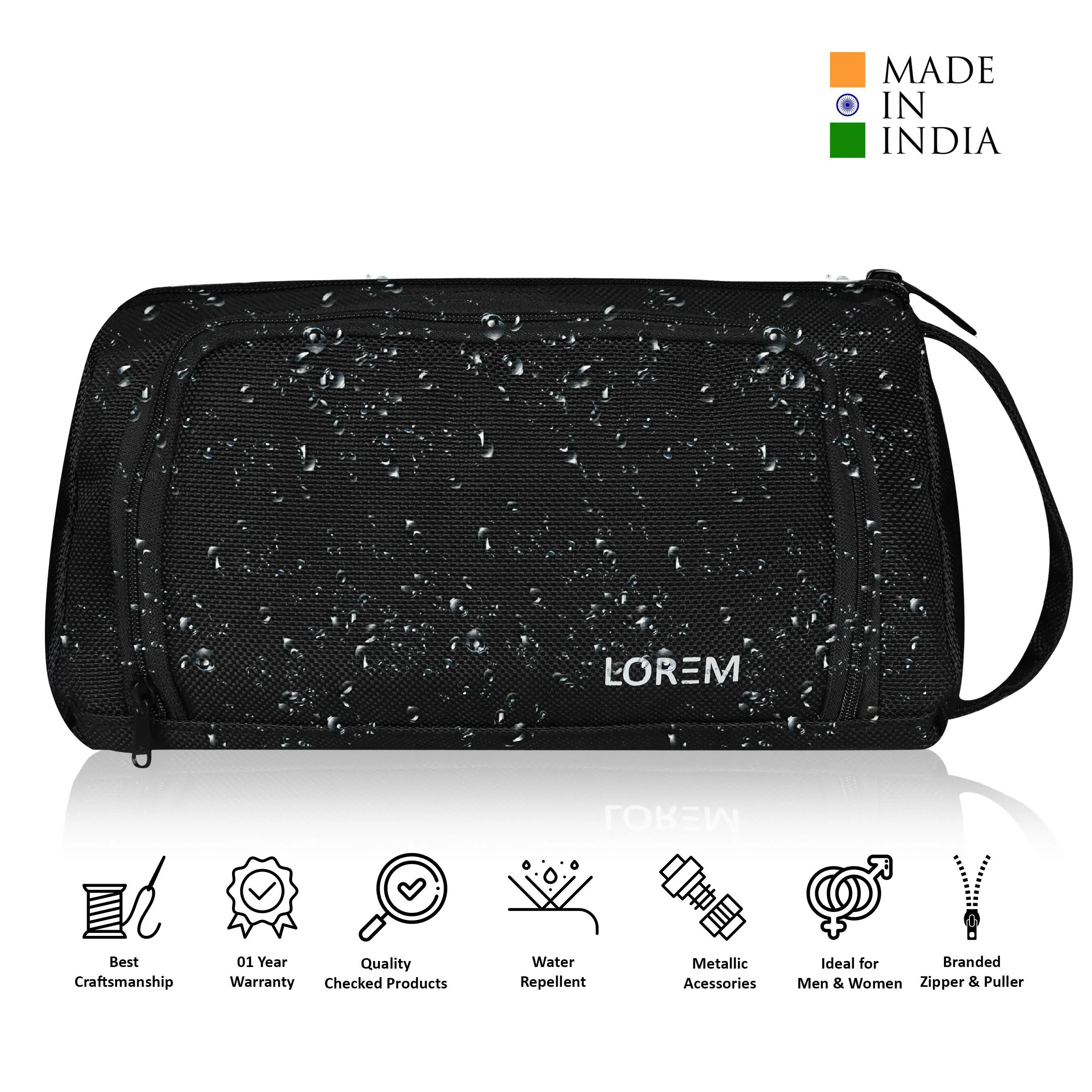 LOREM Black PVC Coated Matty Fabric Material Large Stationery Pen-Pencil/Small Makeup Pouch-Organizer OG11