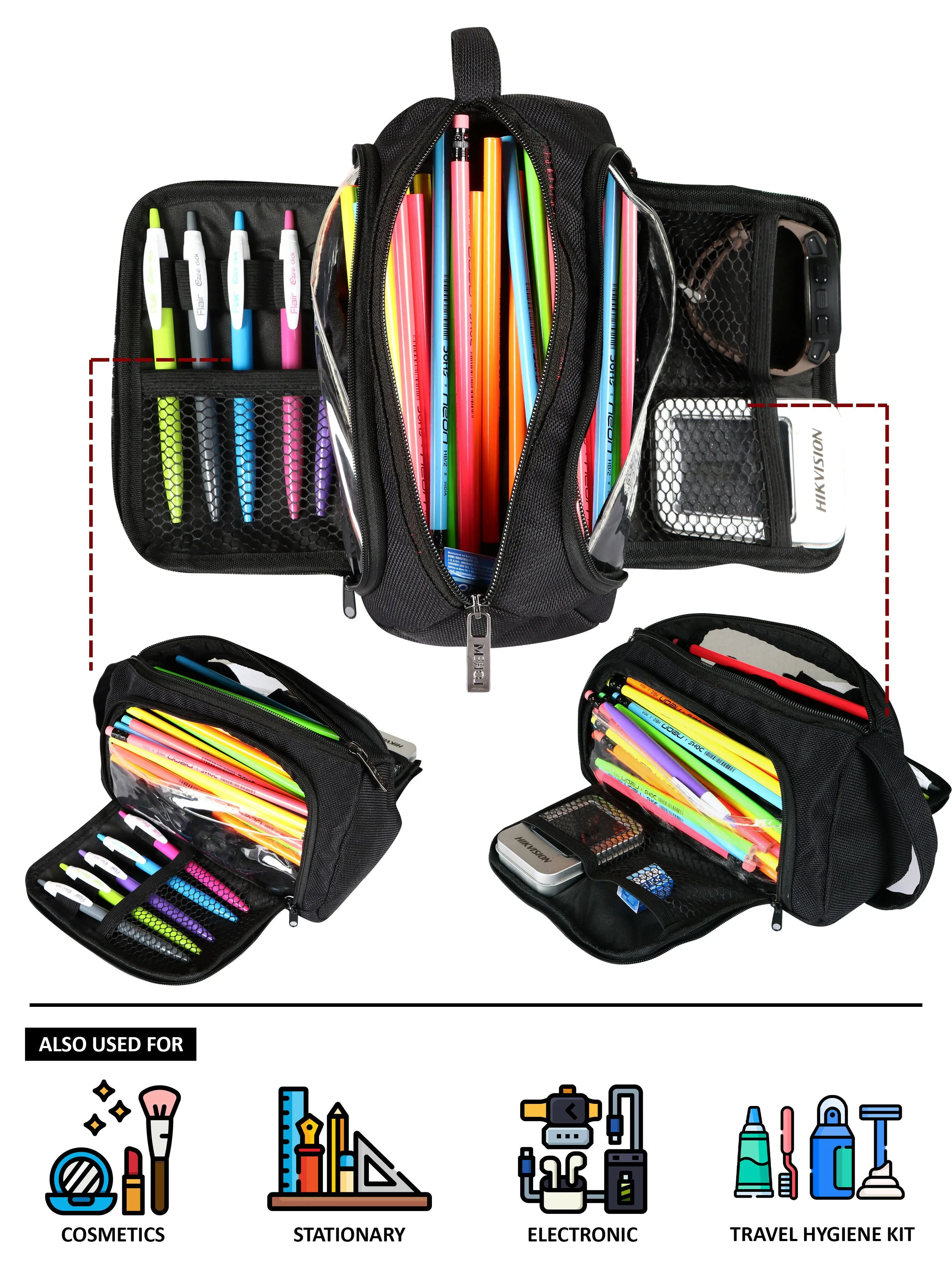 LOREM Black PVC Coated Matty Fabric Material Large Stationery Pen-Pencil/Small Makeup Pouch-Organizer OG11