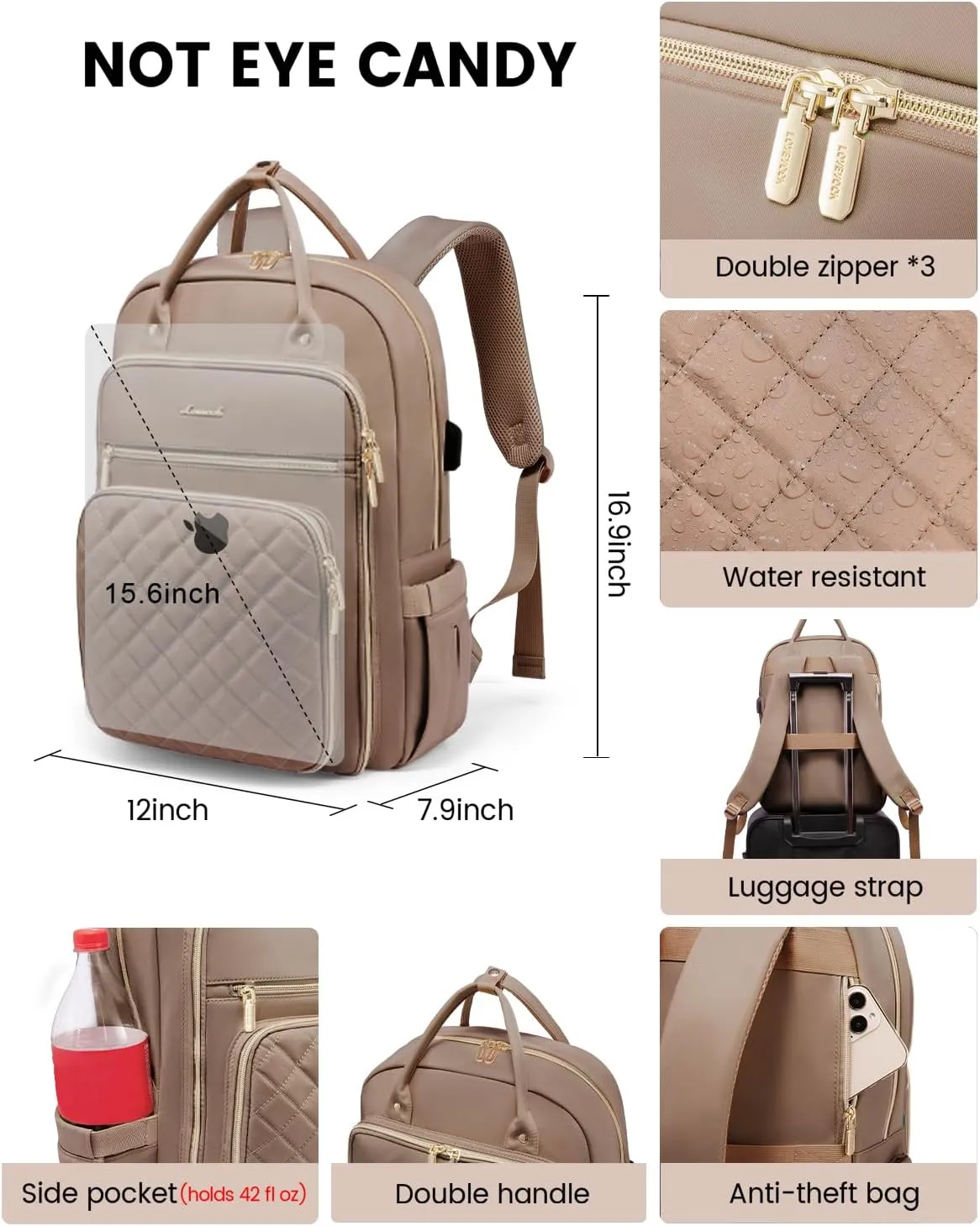 LOVEVOOK Women's 27-Liter Laptop Backpack, Brown, 16.9 x 12 x 7.9 in