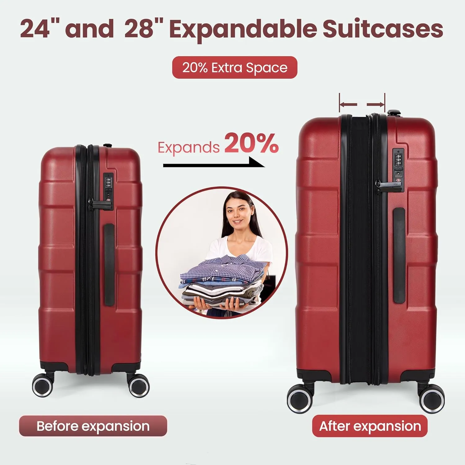 Luggage Sets 3 Piece with Spinner Wheel, Hardside Suitcase Set with TSA Lock, Expandable Travel Luggage for Women, Red