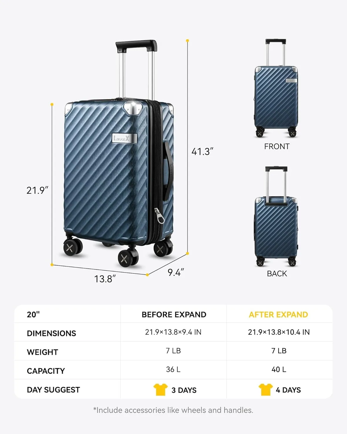 LUGGEX Luggage with Spinner Wheels, Polycarbonate Expandable Hard Shell Suitcase, Carry On 20 Inch, Silver