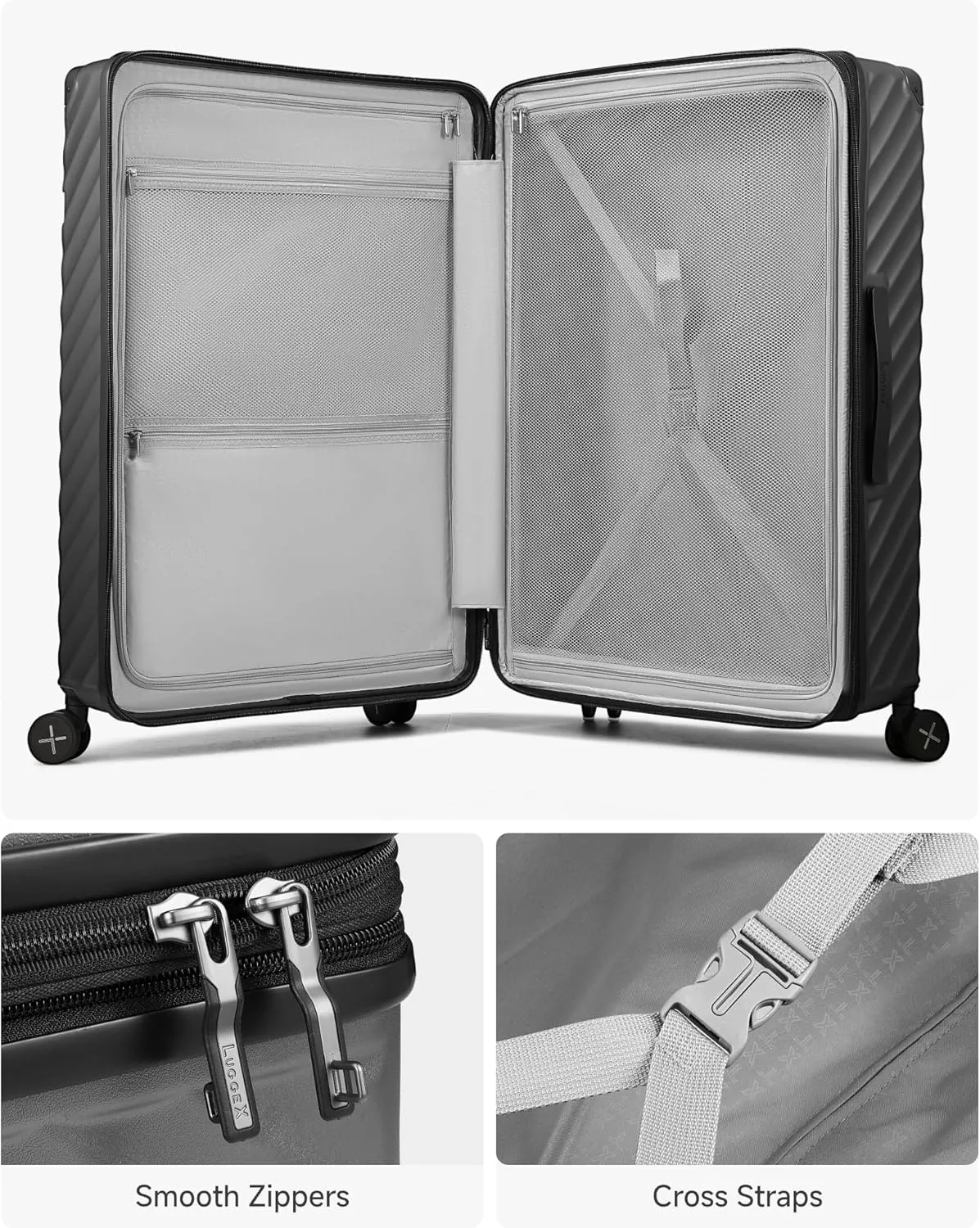 LUGGEX Luggage with Spinner Wheels, Polycarbonate Expandable Hard Shell Suitcase, Checked Large 27 Inch, Champagne
