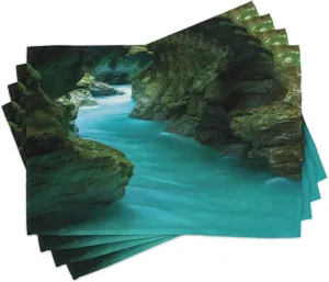 Lunarable Waterfall Place Mats Set of 4, Tolminka Alpine River Water and Caves Exotic Nature Travel Picture, Washable Fabric Placemats for Dining Room Kitchen Table Decor, Turquoise Dark Green