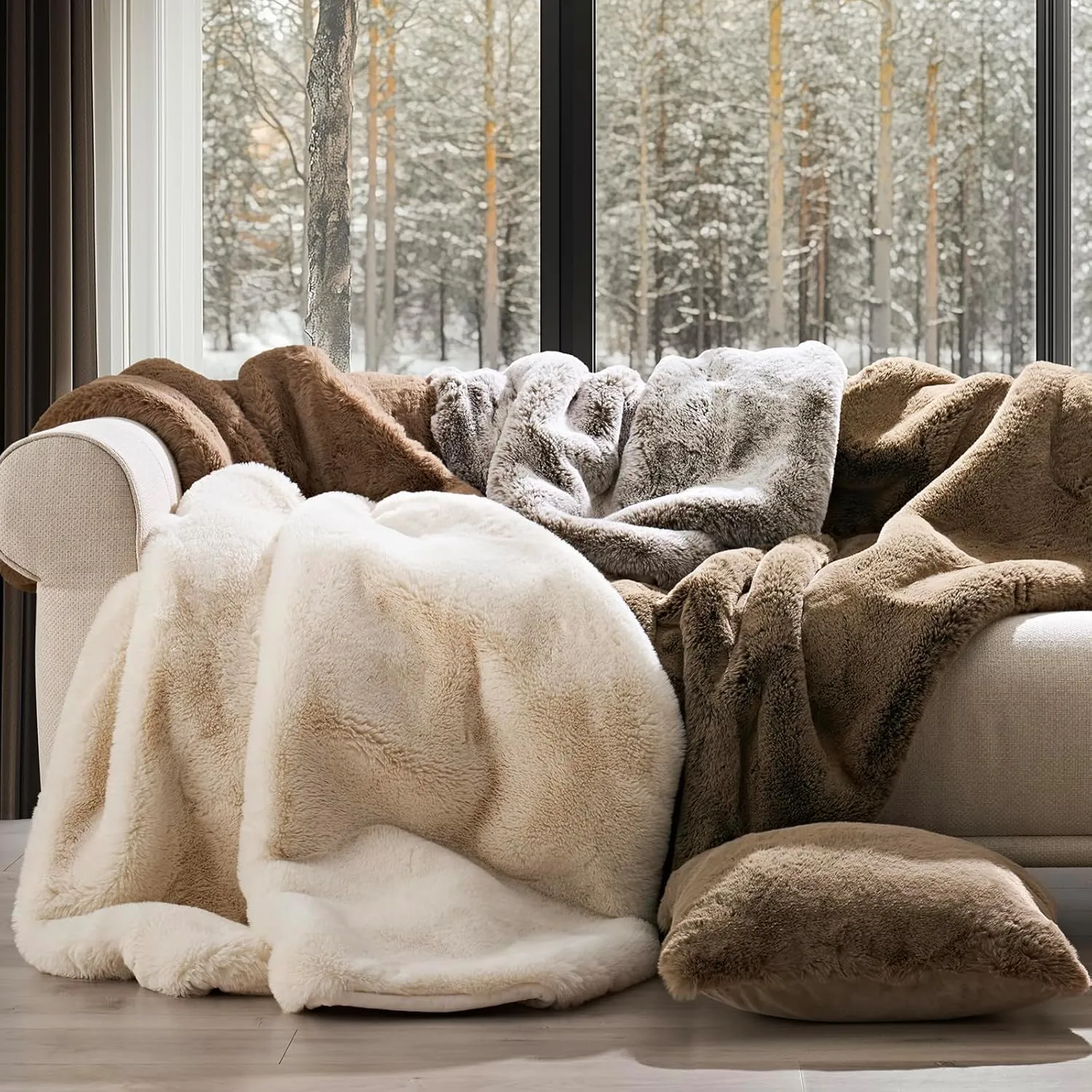Luxury Soft Faux Chinchilla Fur Throw Blanket for Couch, Warm Thick Heavy Winter Throw Blanket 1220GSM for Bed, Fluffy Cozy Mink Blanket with Reversible Velvet, Tawny Mink, 50"x60"