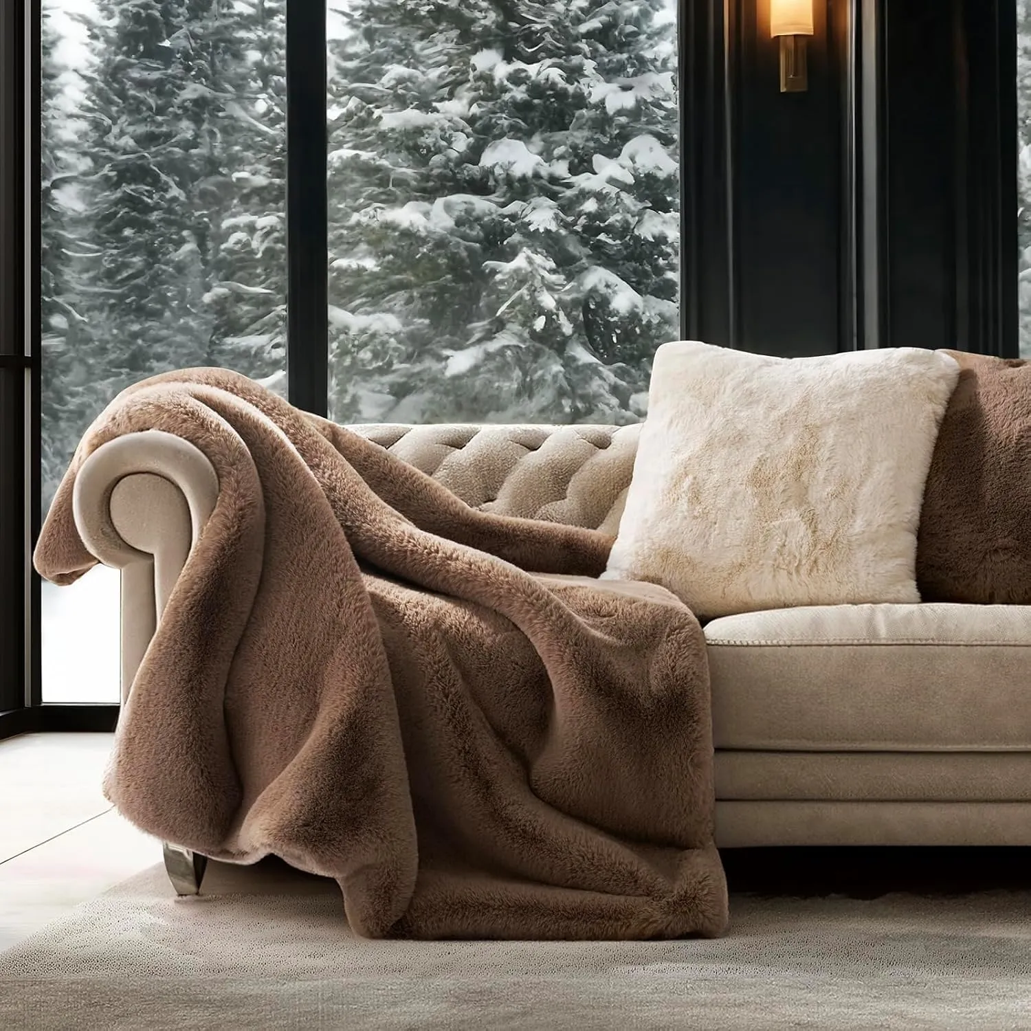 Luxury Soft Faux Chinchilla Fur Throw Blanket for Couch, Warm Thick Heavy Winter Throw Blanket 1220GSM for Bed, Fluffy Cozy Mink Blanket with Reversible Velvet, Tawny Mink, 50"x60"