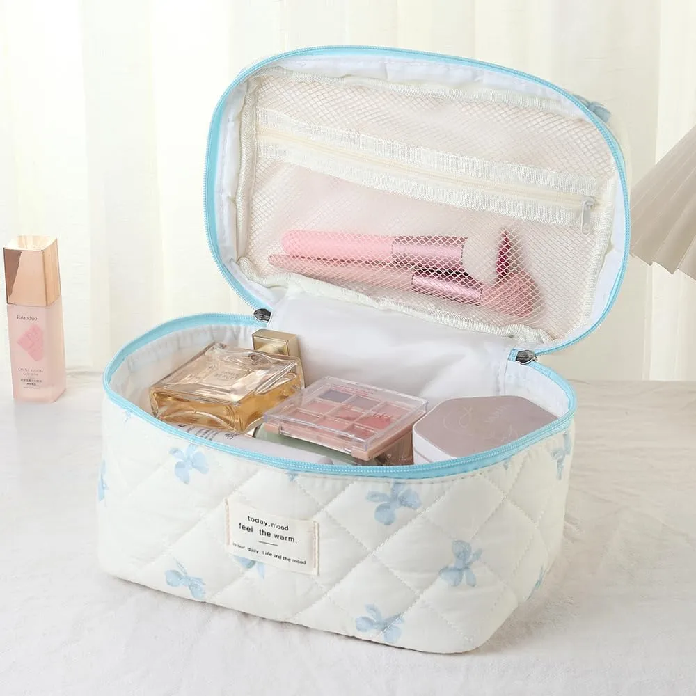 Makeup Bag, 3 PCS Quilted Makeup Bag, Cute Floral Cotton Cosmetic Bag set, Coquette Makeup Pouch Large Travel Toiletry Bag