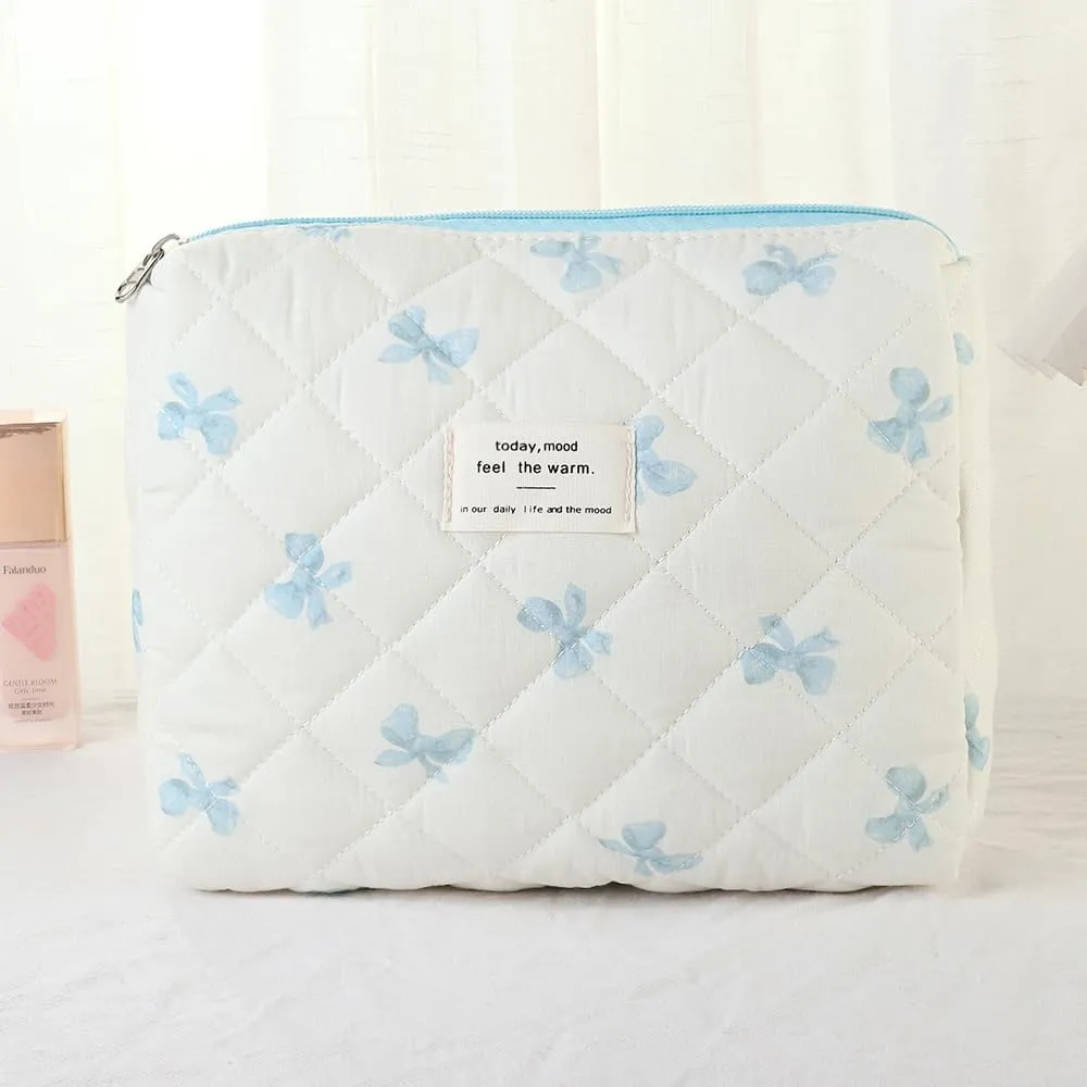 Makeup Bag, 3 PCS Quilted Makeup Bag, Cute Floral Cotton Cosmetic Bag set, Coquette Makeup Pouch Large Travel Toiletry Bag