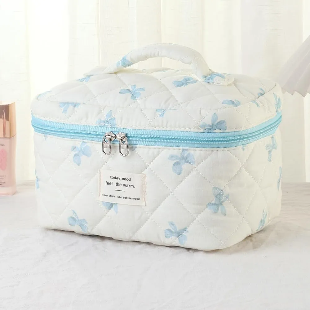 Makeup Bag, 3 PCS Quilted Makeup Bag, Cute Floral Cotton Cosmetic Bag set, Coquette Makeup Pouch Large Travel Toiletry Bag