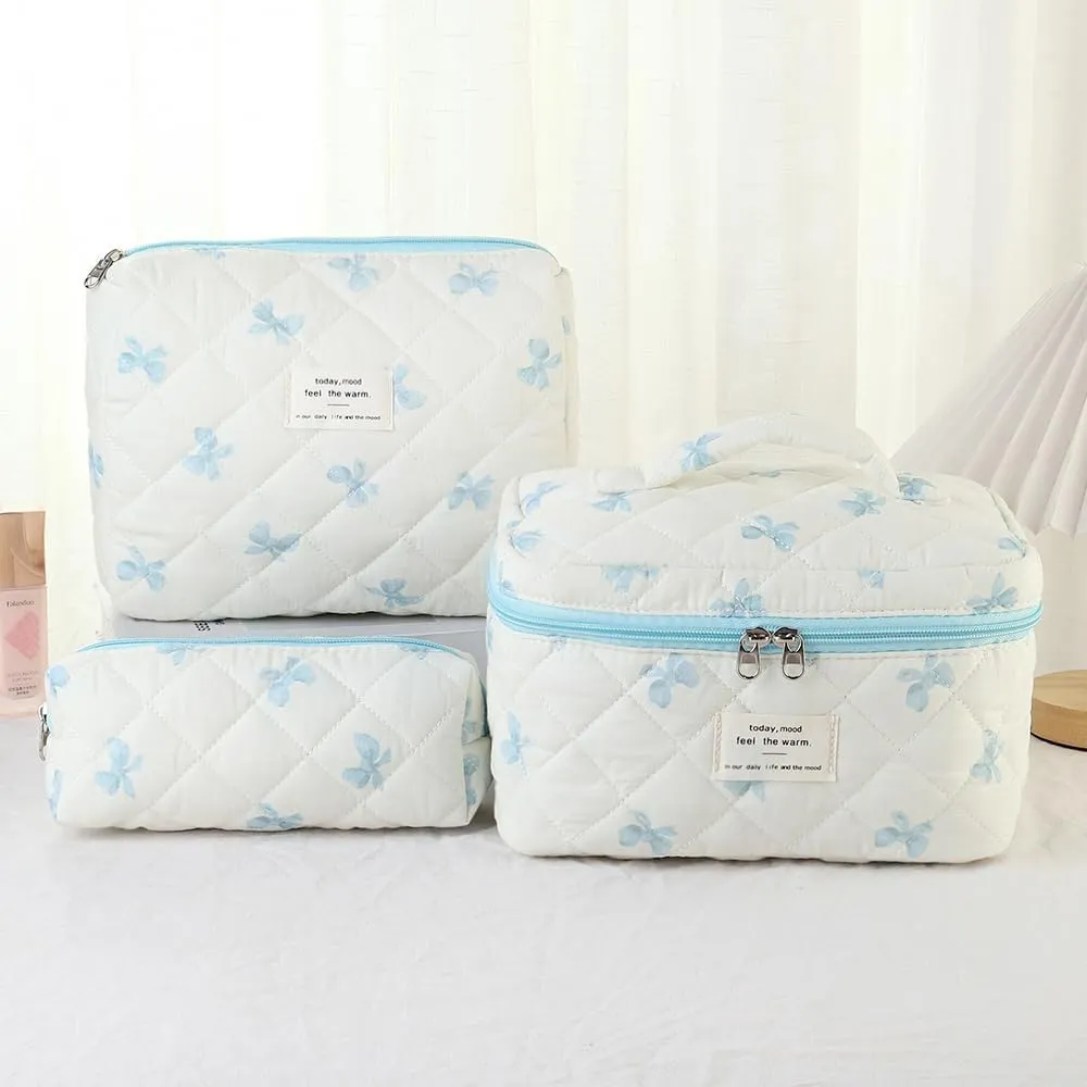 Makeup Bag, 3 PCS Quilted Makeup Bag, Cute Floral Cotton Cosmetic Bag set, Coquette Makeup Pouch Large Travel Toiletry Bag