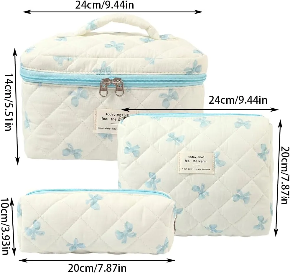 Makeup Bag, 3 PCS Quilted Makeup Bag, Cute Floral Cotton Cosmetic Bag set, Coquette Makeup Pouch Large Travel Toiletry Bag