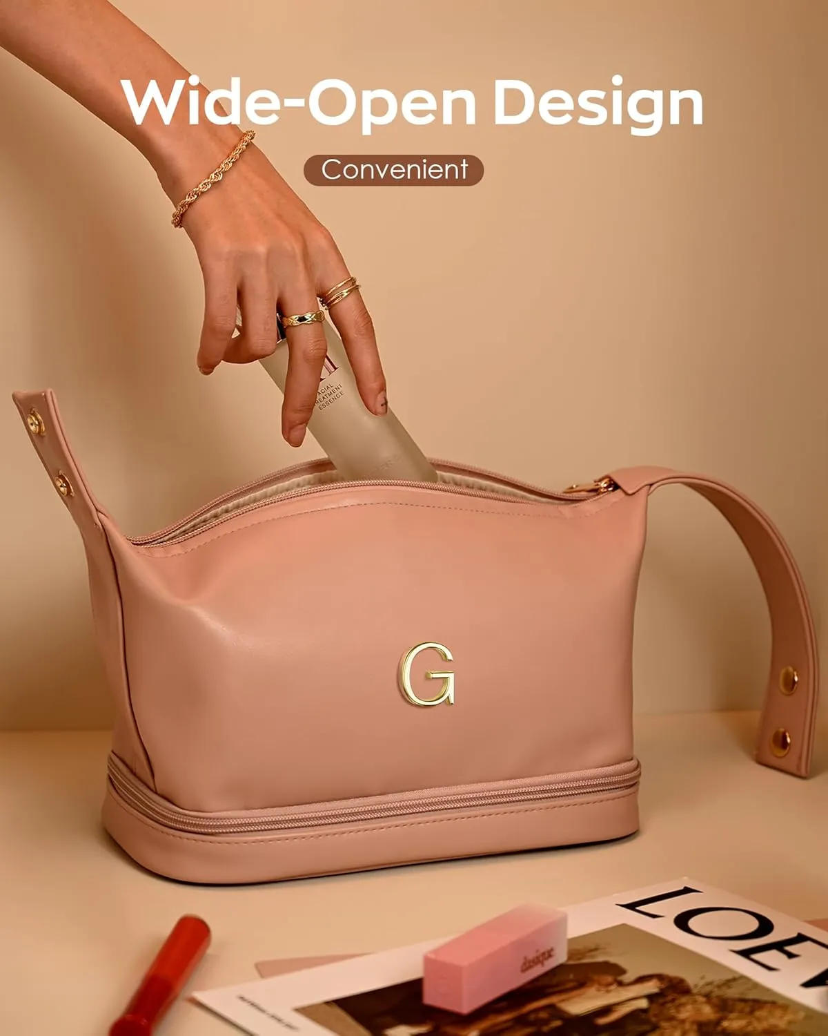 Makeup Bags Personalized Bags with Handle, Waterproof Double Layer Cosmetic Bag, Large Capacity PU Leather Makeup Bags Letter Travel Toiletry Bag with Makeup Brush Organizer