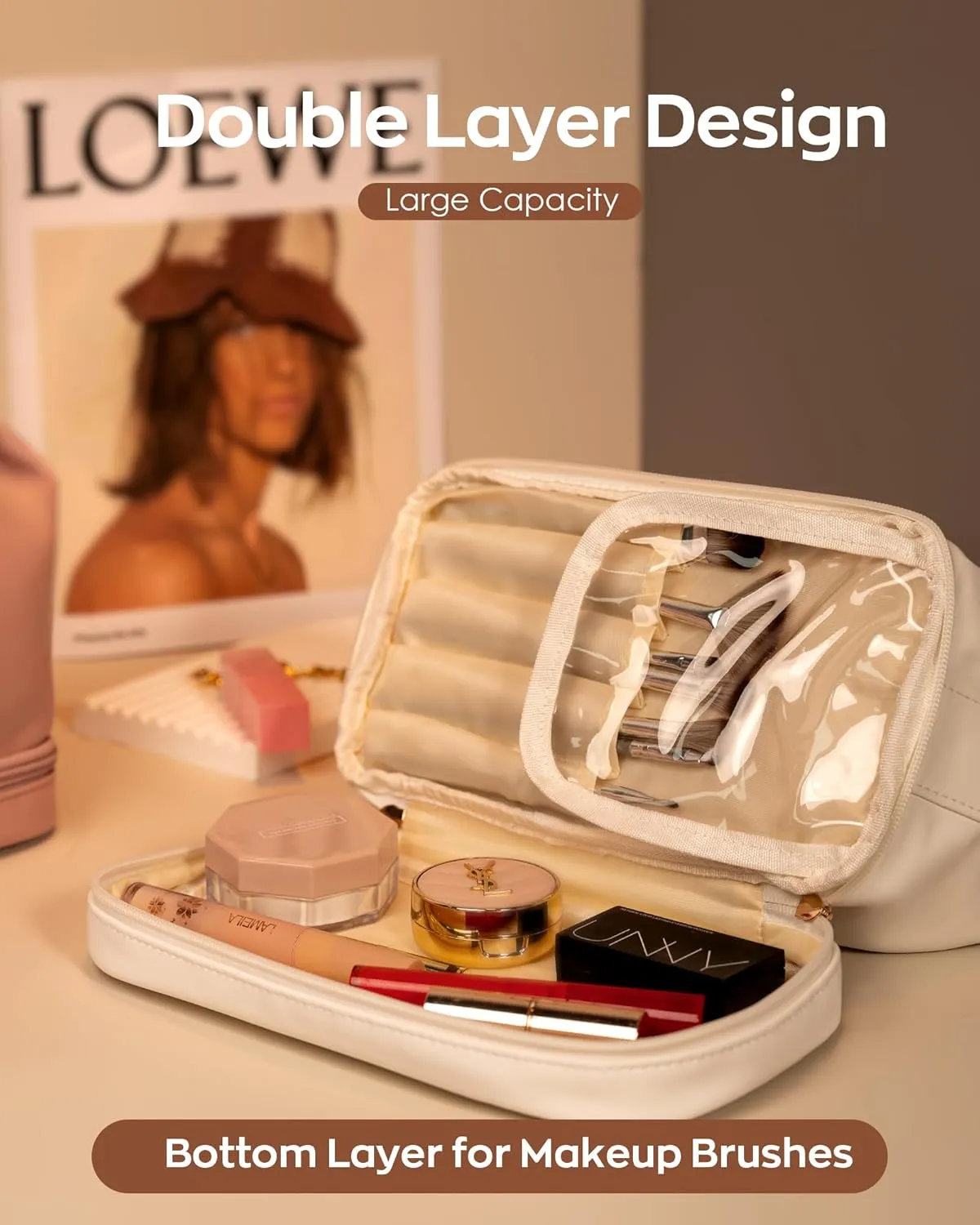 Makeup Bags Personalized Bags with Handle, Waterproof Double Layer Cosmetic Bag, Large Capacity PU Leather Makeup Bags Letter Travel Toiletry Bag with Makeup Brush Organizer