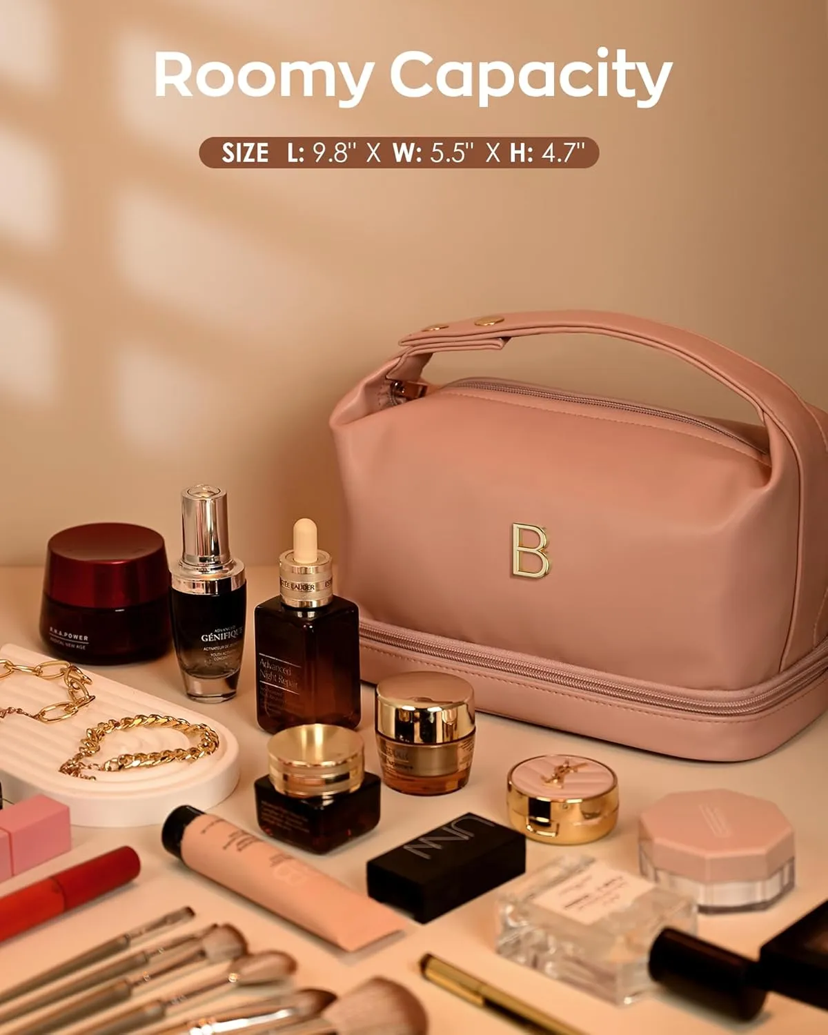 Makeup Bags Personalized Bags with Handle, Waterproof Double Layer Cosmetic Bag, Large Capacity PU Leather Makeup Bags Letter Travel Toiletry Bag with Makeup Brush Organizer
