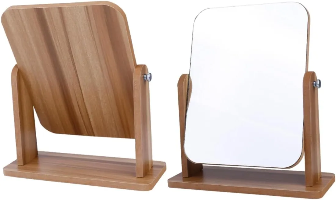 Makeup Mirror Lights Desk Wooden Single Side Mirror Portable for Home Salon Use Stylish Square Gray