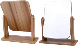 Makeup Mirror Lights Desk Wooden Single Side Mirror Portable for Home Salon Use Stylish Square Gray