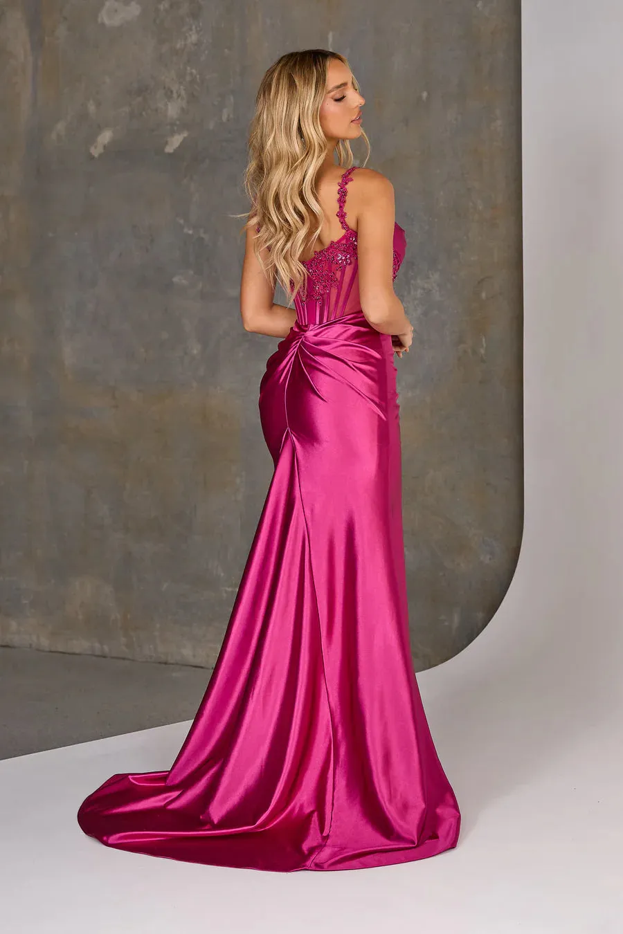 Marcelin | Hot Pink Emerald Cobalt Strapless Beaded Lace Appliqué Mermaid Skirt Formal Gown with Thigh Split and Boned Corset | TANIA OLSEN DESIGNS