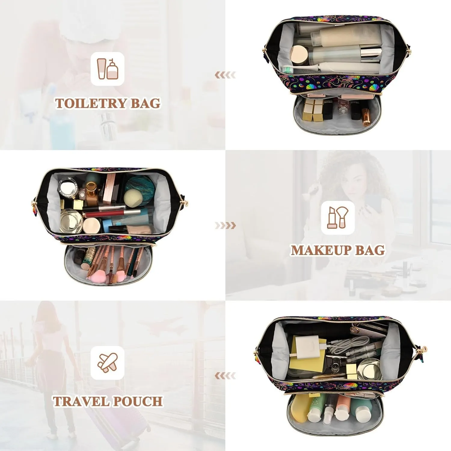 Marine Theme Bright Rainbow Jellyfishes and Shells on Dark Women Cosmetic Bag Makeup Bag Stylish Trip Beauty Bag Travel Toiletry Bag with Bottle Organizer 10.2 x 5.9 x 6.7 inch