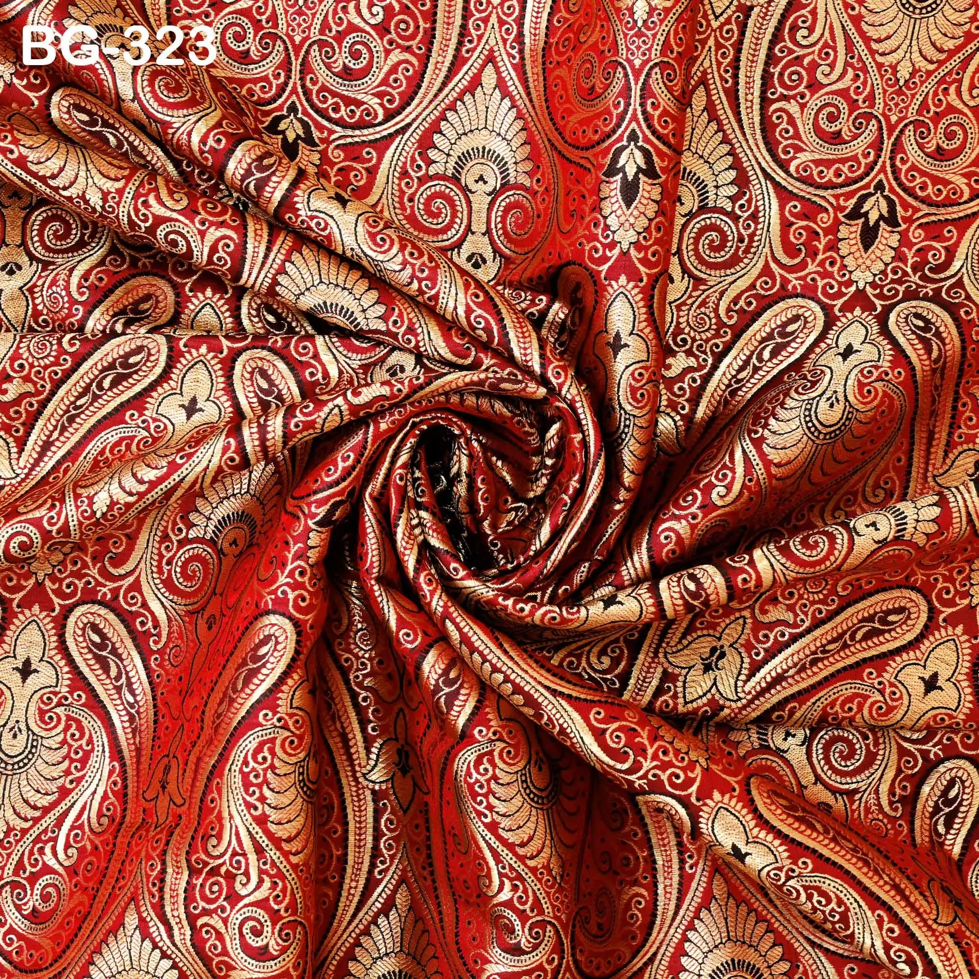Maroon Gold Brocade Fabric by the yard Indian Blended Silk Wedding Dress Banarasi Vest, Corset Fabric Theatrical Costumes Mid Length Coats