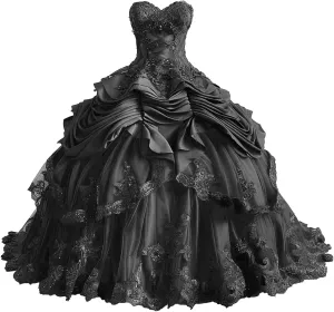 Mauuwy Gothic Black Quinceanera Dresses Puffy Beaded Tiered Sweet 16 Dresses Vintage Victorian's Wedding Dress for Bride